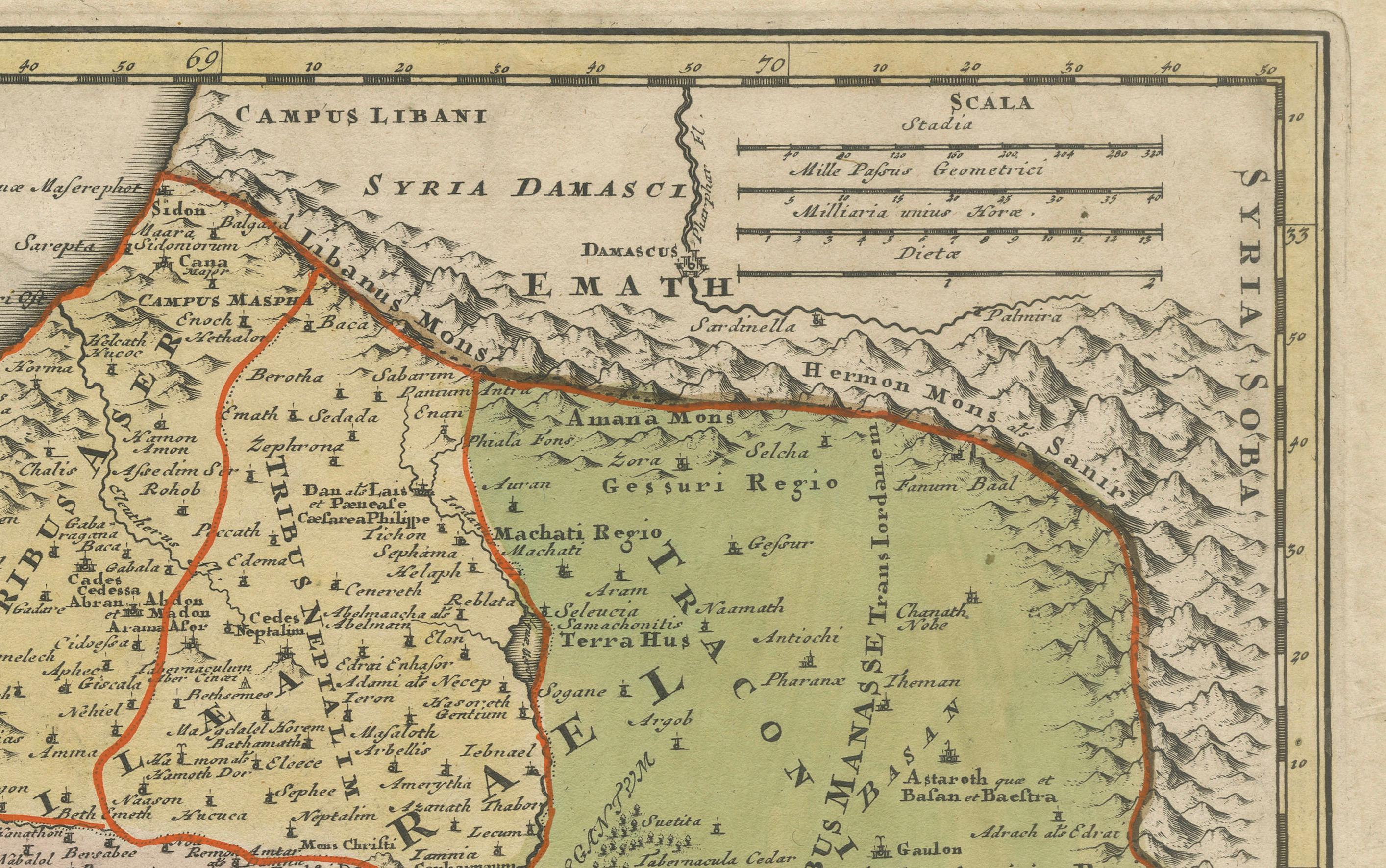 Papier Carte ancienne de la Terre Sainte - douze tribus, six provinces, colorée à la main, 1718 en vente