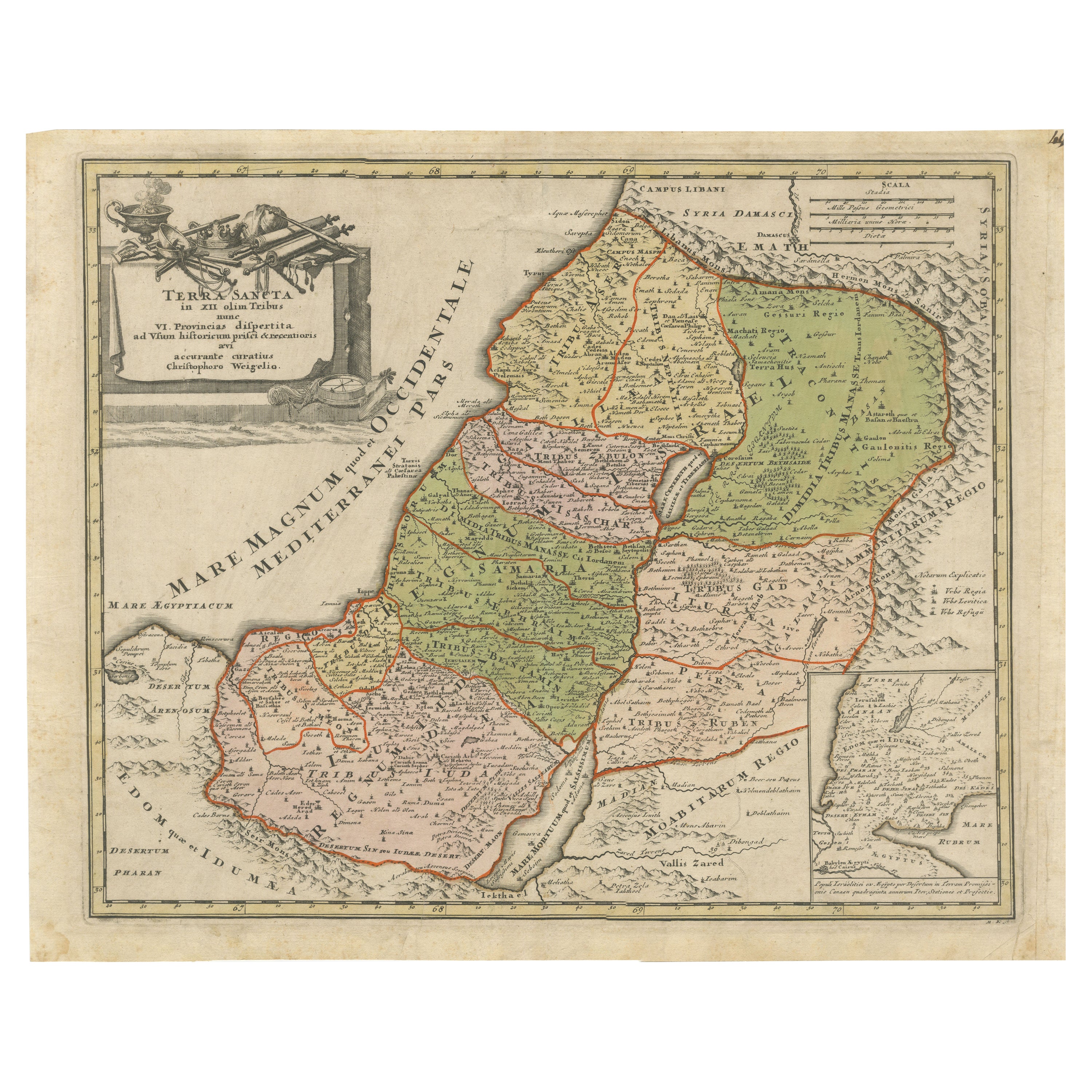 Mappa della Terra Santa del 1718 - Dodici tribù, sei province, colorata a mano, Mappa antica