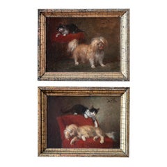 Genre scene Pair of paintings with Cat and Dog Playing