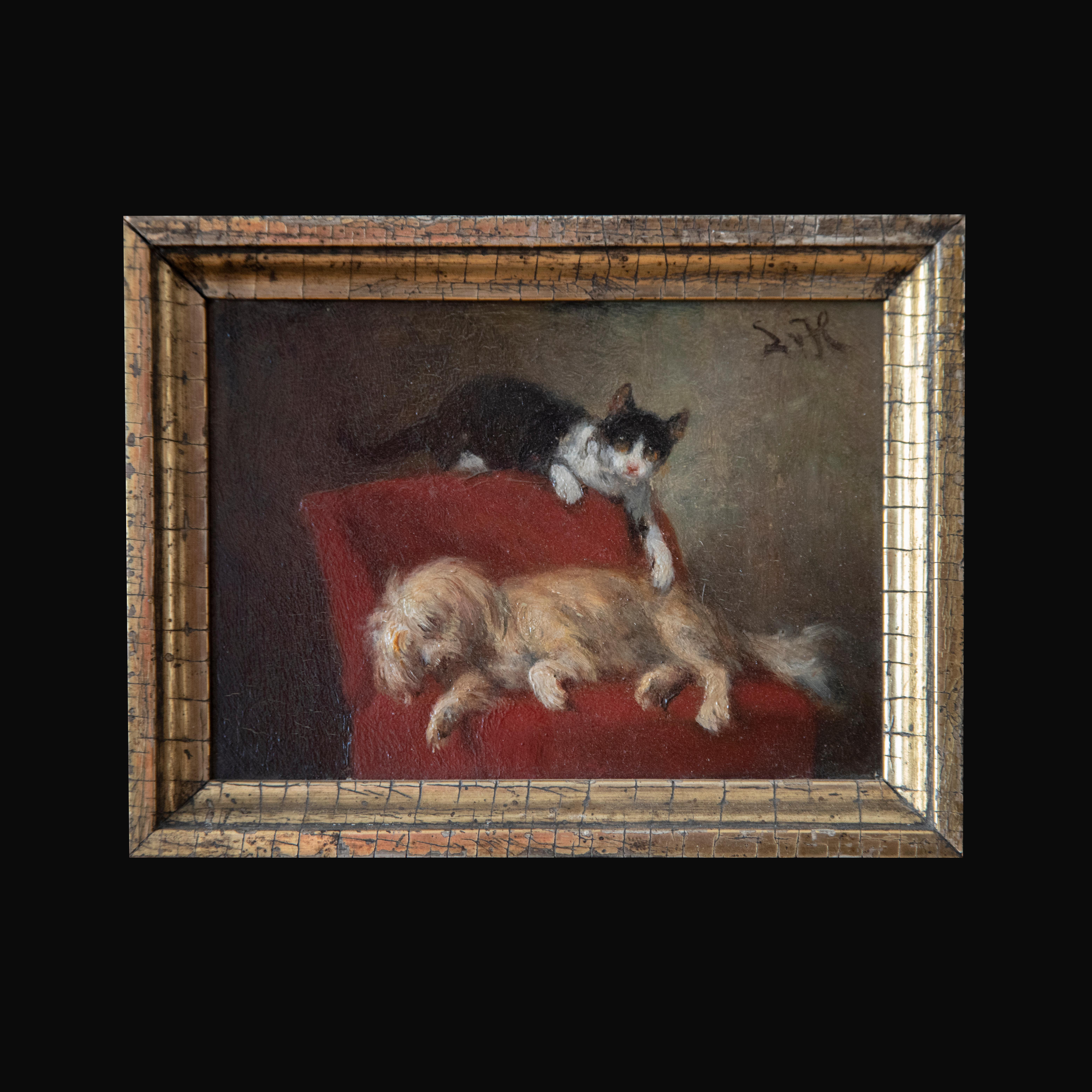 Genre scene Pair of paintings with Cat and Dog Playing - Painting by Luis (Ludwig) von Hagn