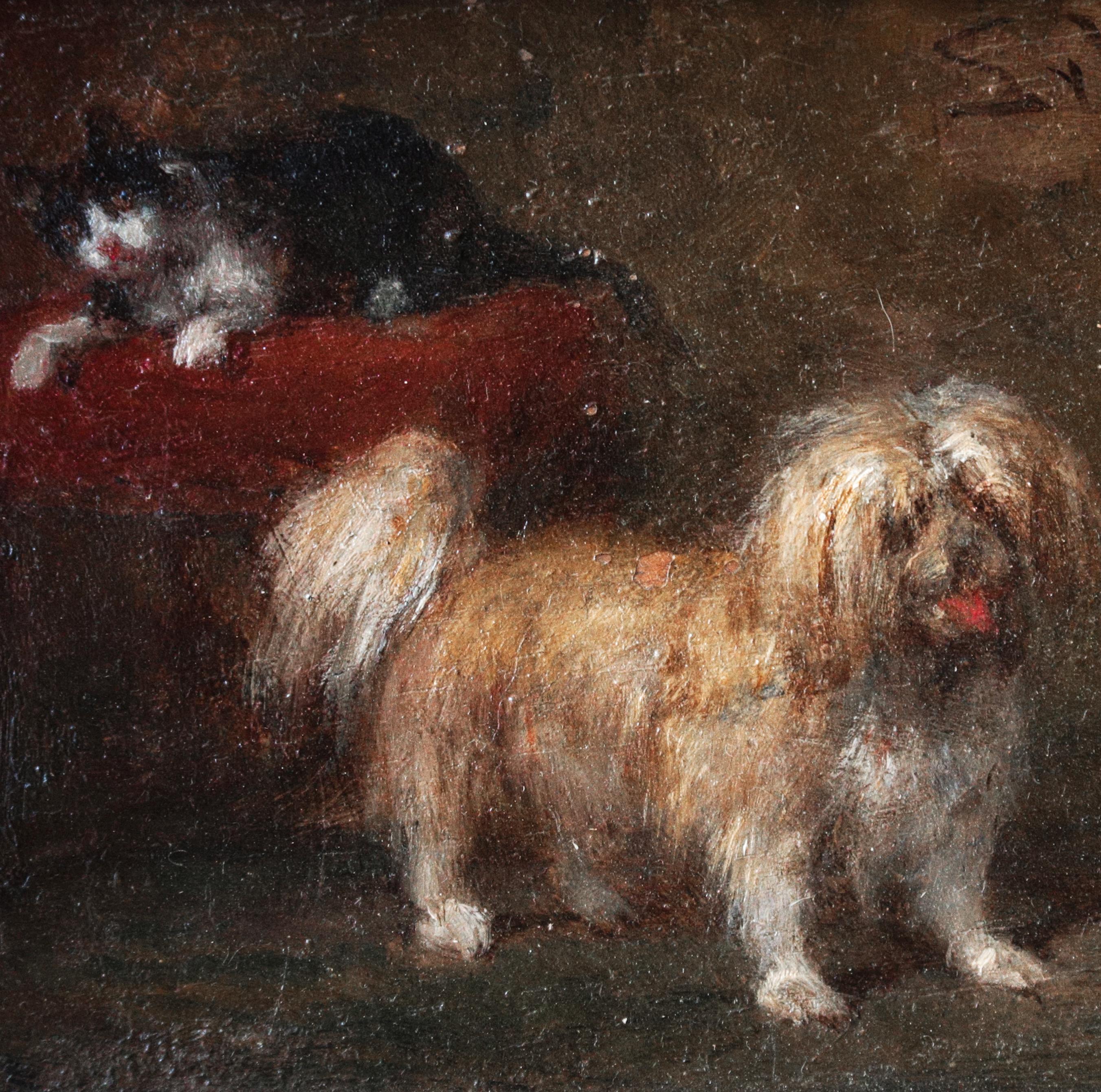Genre scene Pair of paintings with Cat and Dog Playing 4