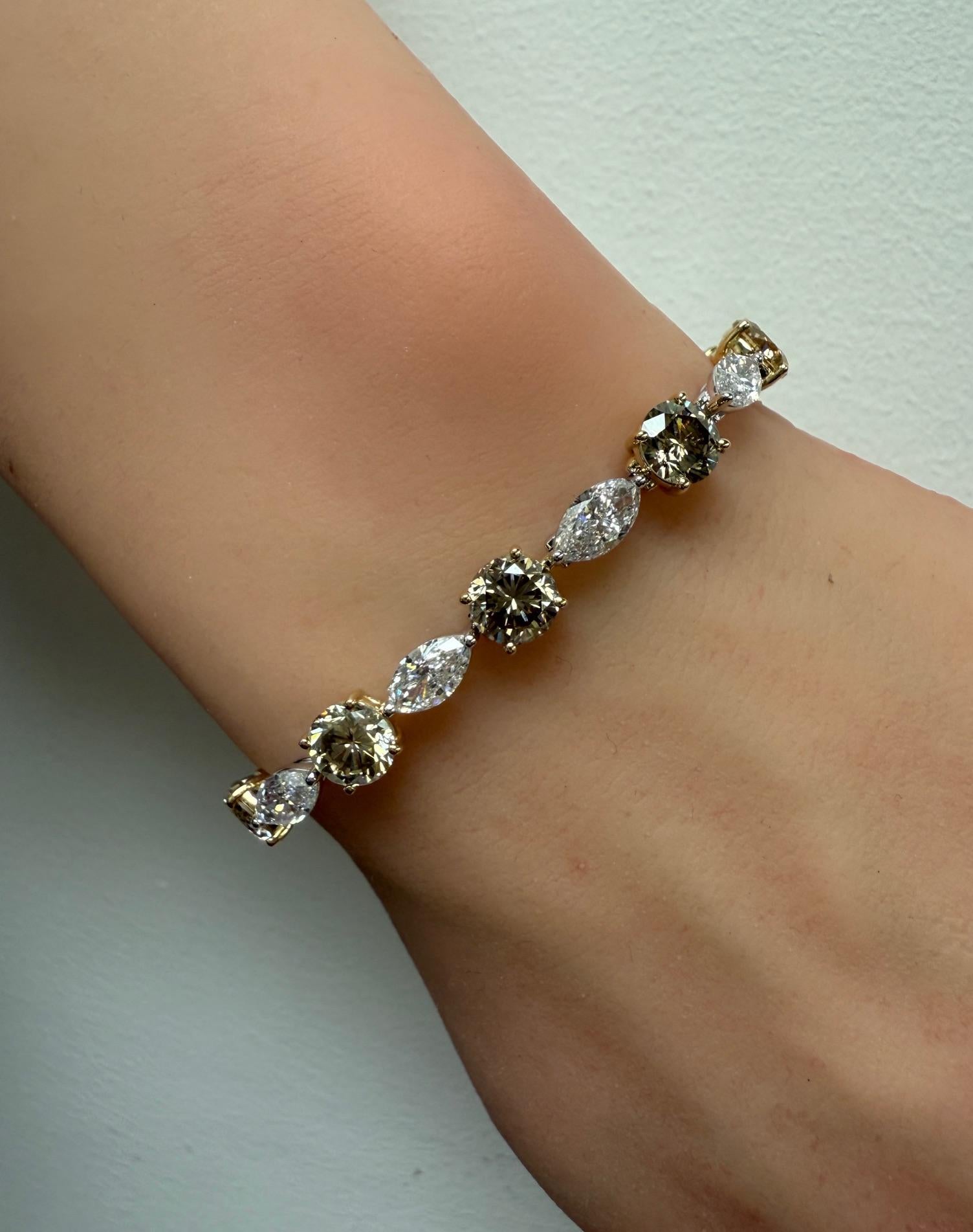 17,19 ct. Brazalete de tenis con diamantes talla marquesa y redondos brillantes marrones en 14KG Corte marquesa en venta
