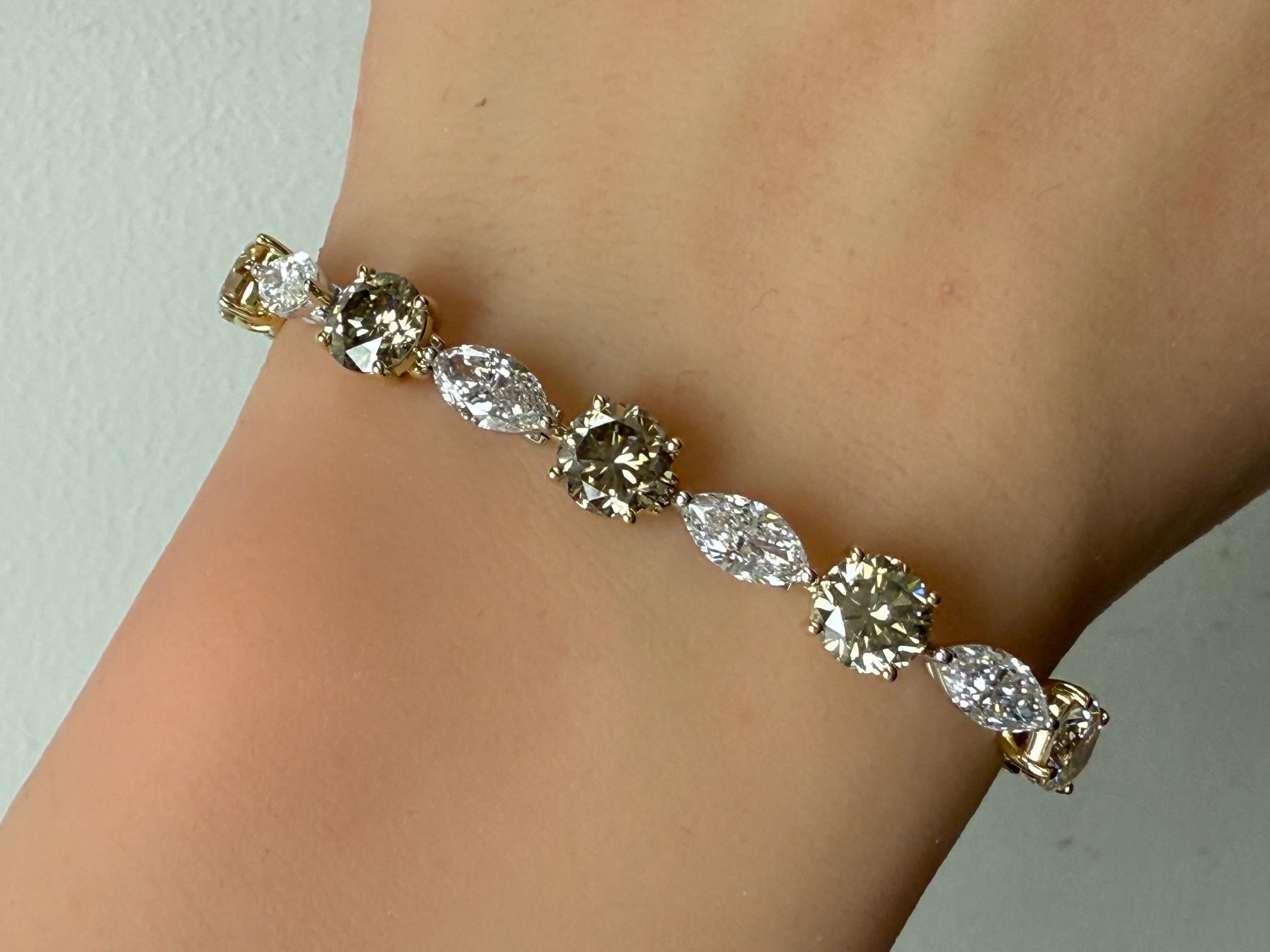 17,19 ct. Brazalete de tenis con diamantes talla marquesa y redondos brillantes marrones en 14KG en Nuevo estado para la venta en San Francisco, CA
