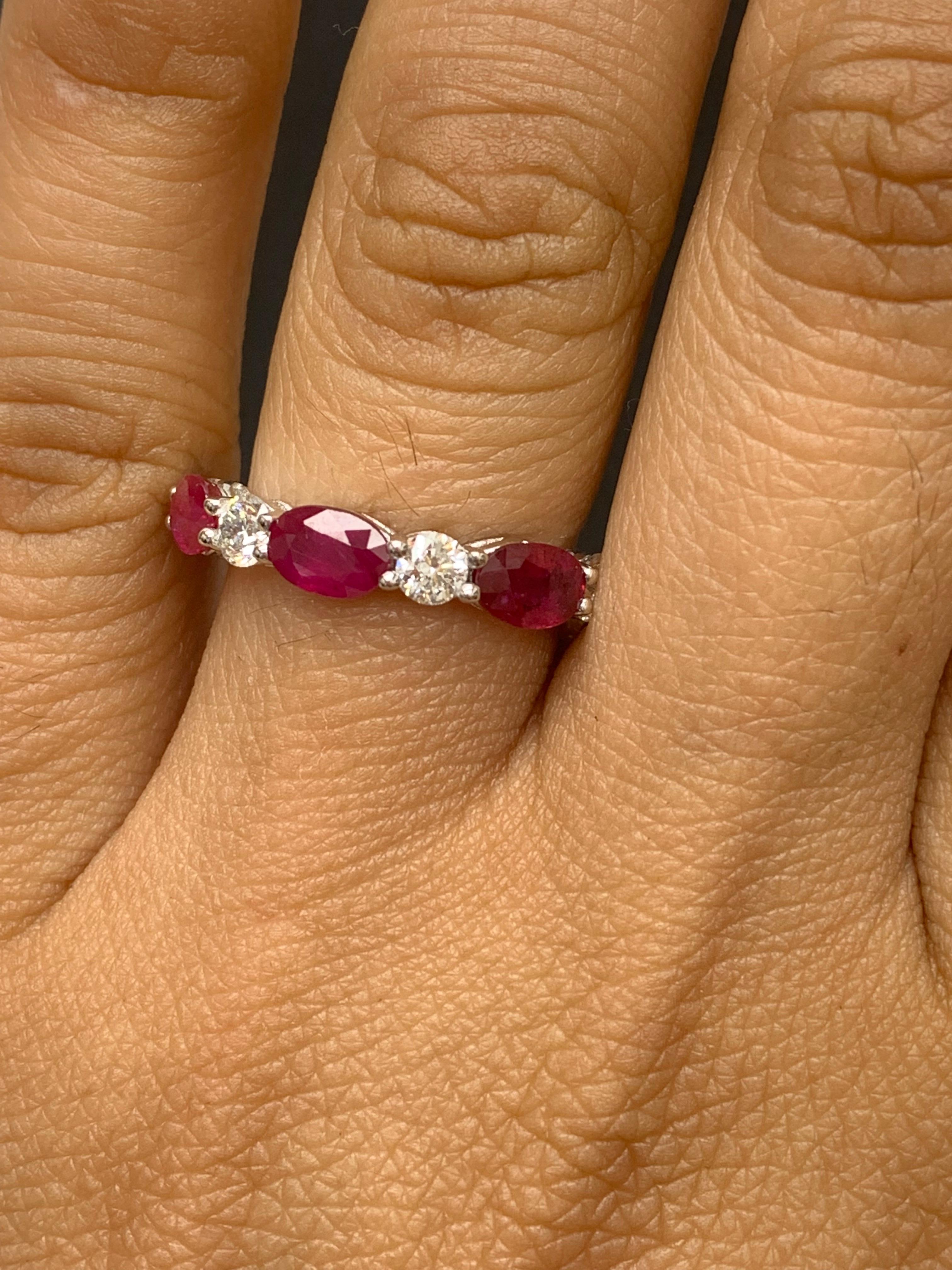 1.71 Carat Oval Cut Ruby and Diamond Band in 14K White Gold For Sale 2
