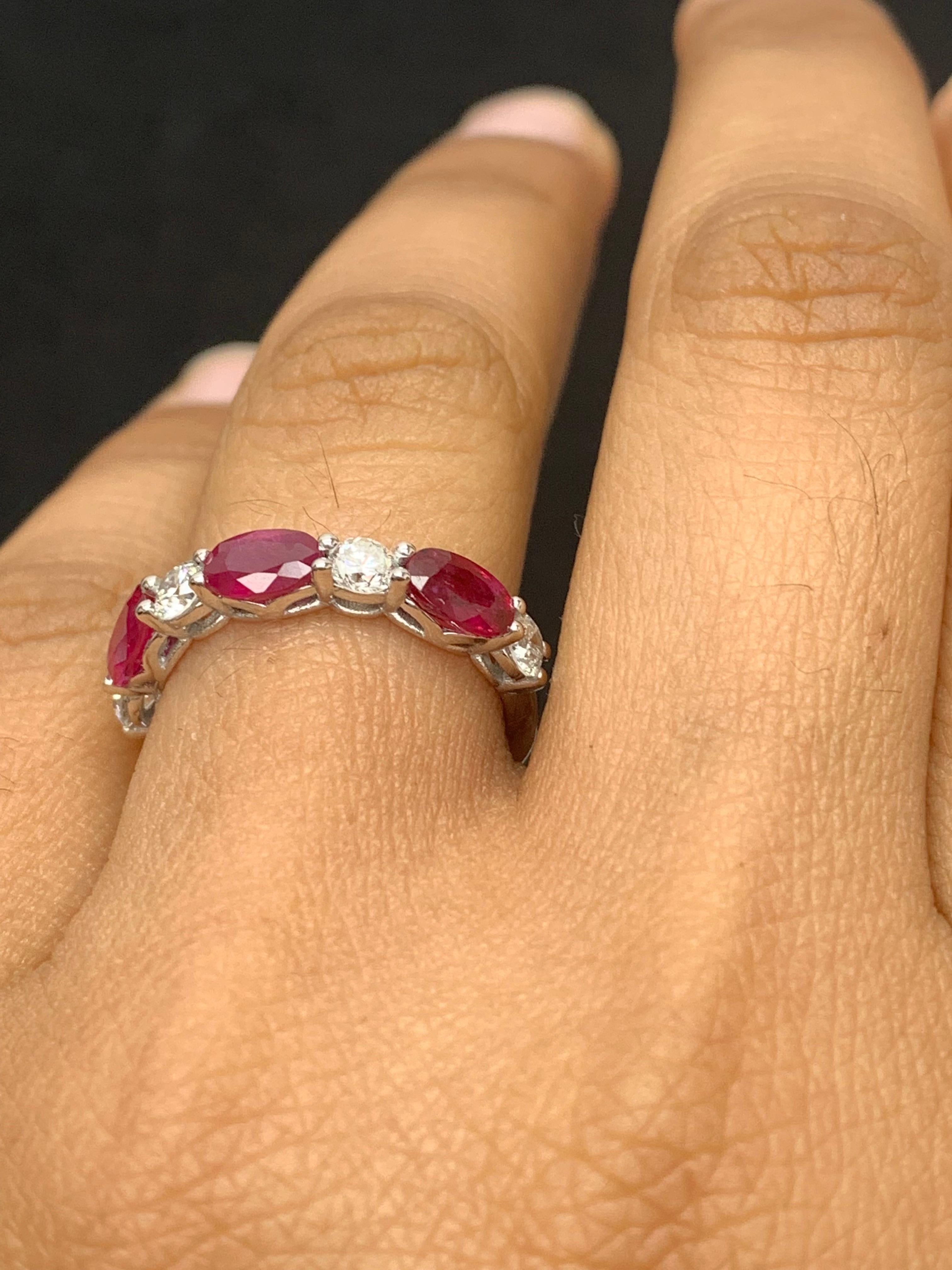 1.71 Carat Oval Cut Ruby and Diamond Band in 14K White Gold For Sale 3