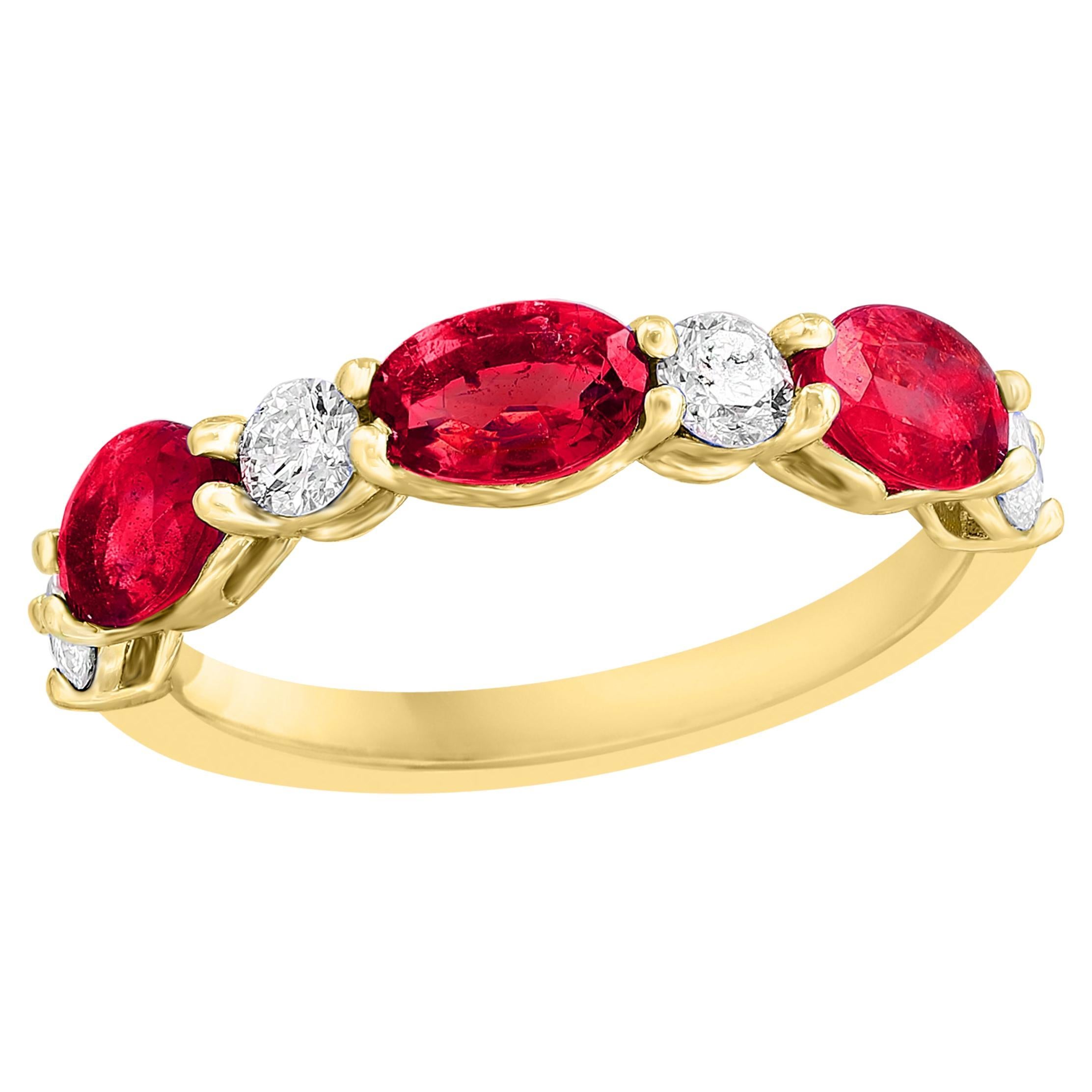 1.71 Carat Oval Cut Ruby and Diamond Band in 14K Yellow Gold For Sale