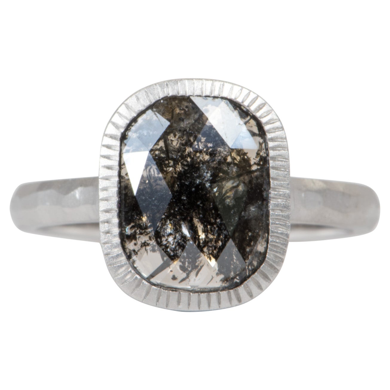 1.71ct Clear Black Salt and Pepper Diamond Bezel Set 14K Gold Engagement Ring For Sale