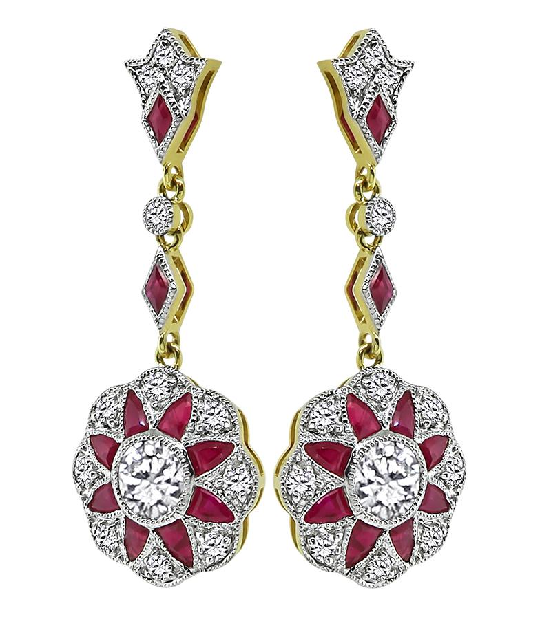 Round Cut 1.71ct Diamond 1.98ct Ruby Dangling Earrings For Sale