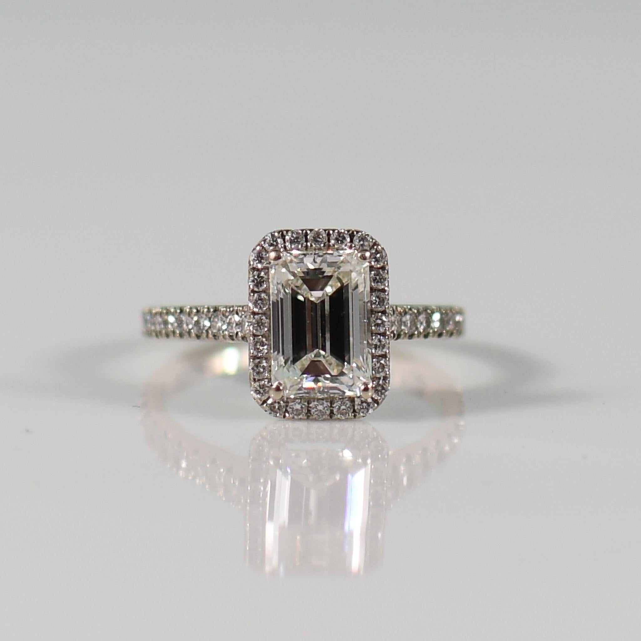 1.71ct Emerald Cut GIA Diamond Engagement Ring w Halo in 14K White Gold In Good Condition For Sale In Addison, TX