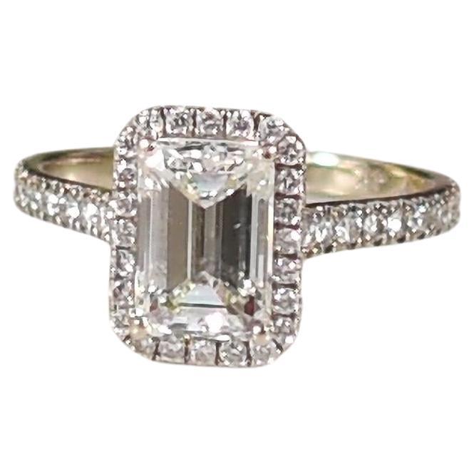 1.71ct Emerald Cut GIA Diamond Engagement Ring w Halo in 14K White Gold For Sale