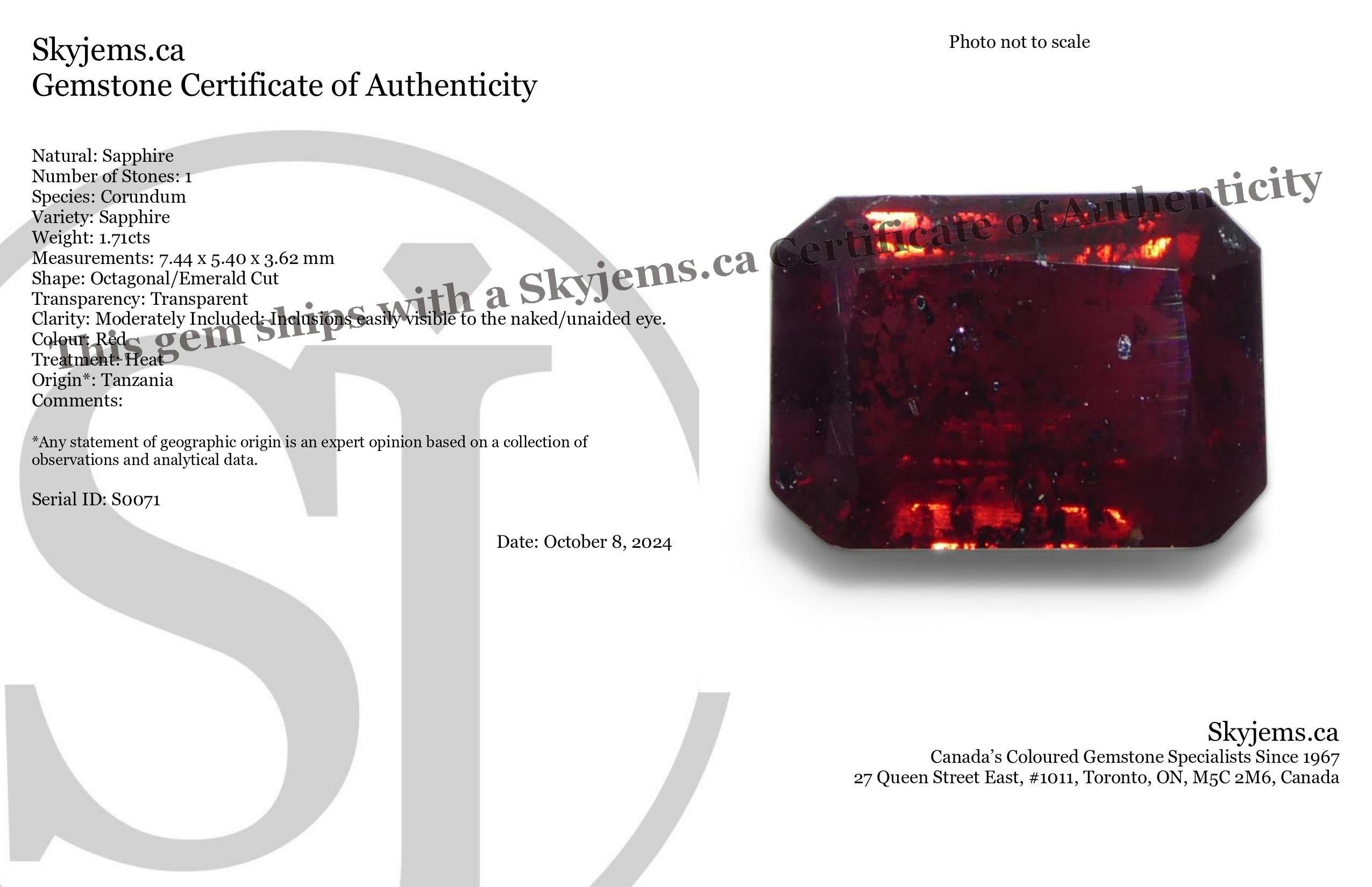 Beschreibung:

Edelstein-Typ: Saphir 
Anzahl von Steinen: 1
Gewicht: 1,71 Karat
Abmessungen: 7,44 x 5,40 x 3,62 mm
Form: Achteckig/Smaragdschliff
Schnittstil Krone: Stufenschnitt
Schnittstil-Pavillon: Stufenschnitt 
Transparenz: