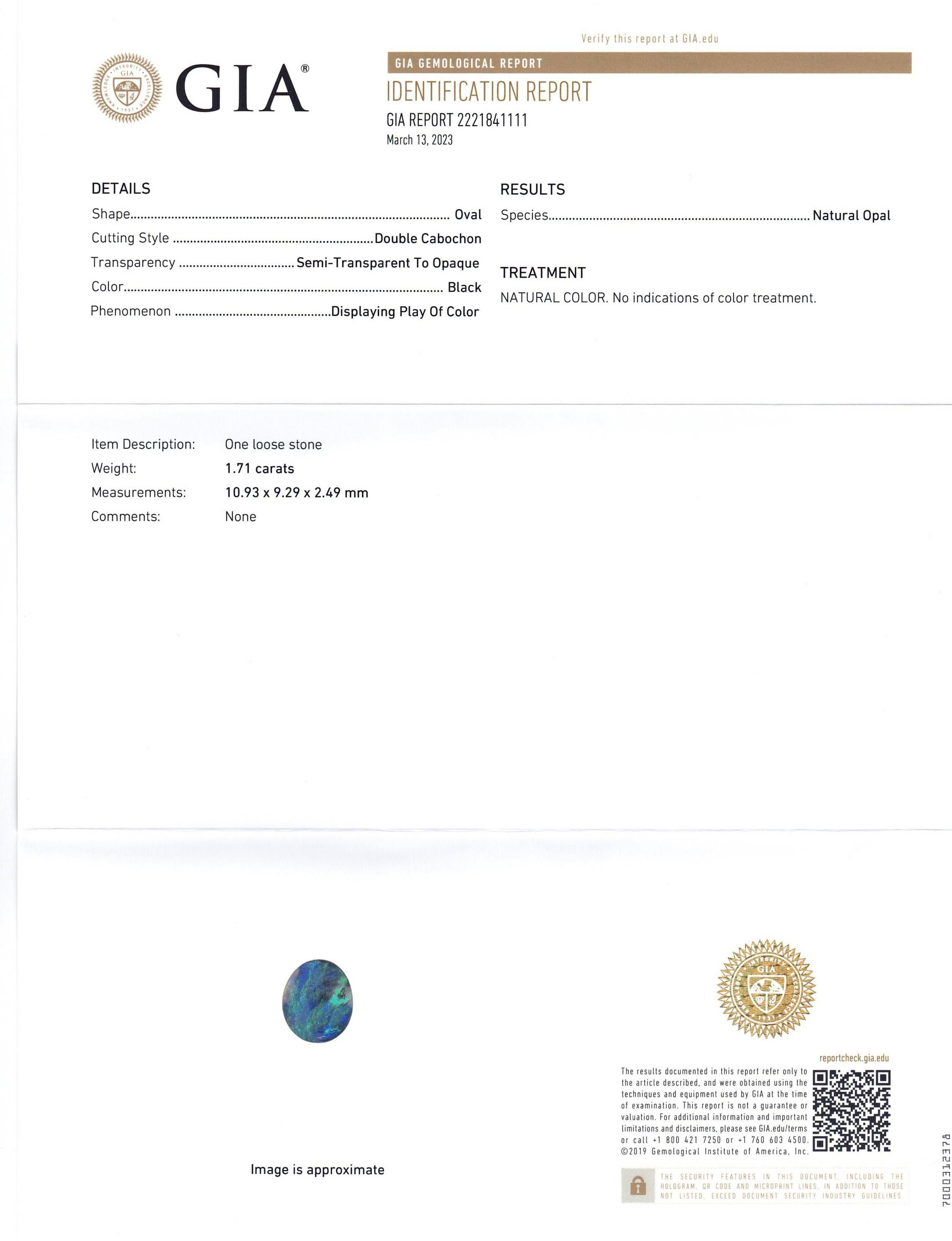 1.71ct Oval Cabochon Black Opal GIA Certified In New Condition For Sale In Toronto, Ontario