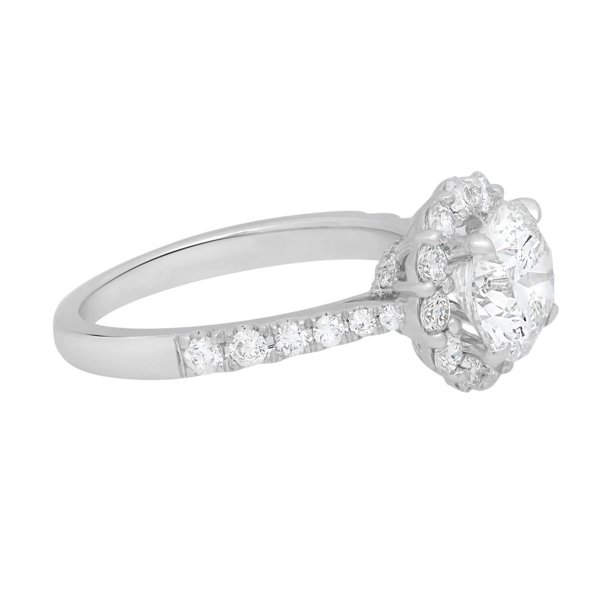 Modern 1.71 Carat Prong Set Round Cut Diamond Halo Engagement Ring 18k White Gold For Sale