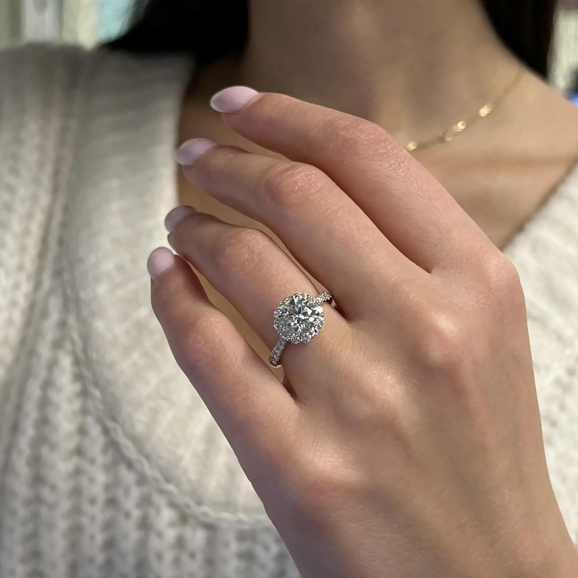 Women's 1.71 Carat Prong Set Round Cut Diamond Halo Engagement Ring 18k White Gold For Sale