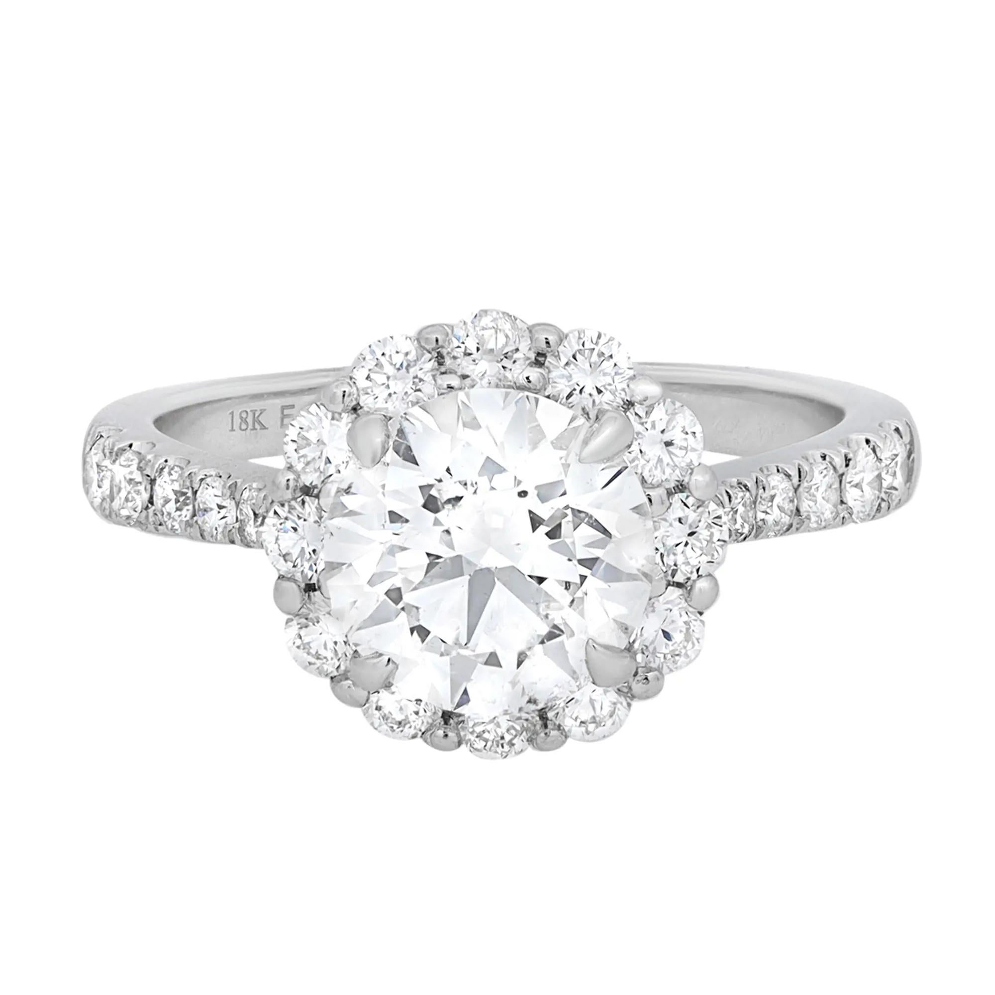 1.71 Carat Prong Set Round Cut Diamond Halo Engagement Ring 18k White Gold en vente