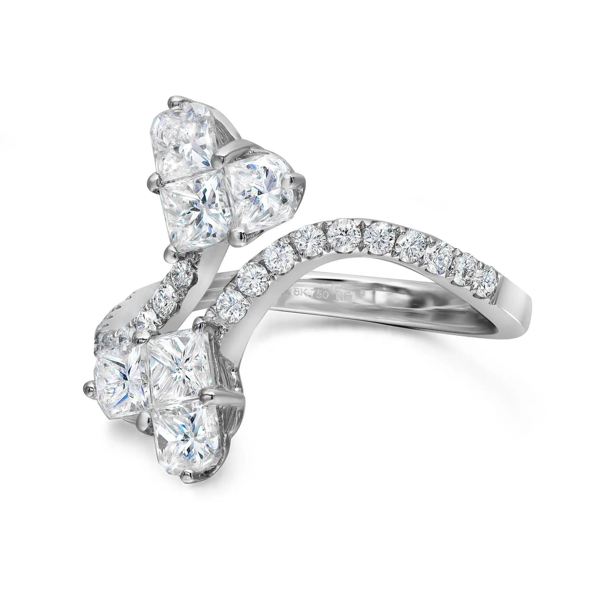This stunning 2 hearts diamond ring comes with a flashy statement look. A must have in your jewelry collection. Crafted in 18K white gold. This ring features prong set princess cut diamonds encrusted together to give an illusion of a bigger size