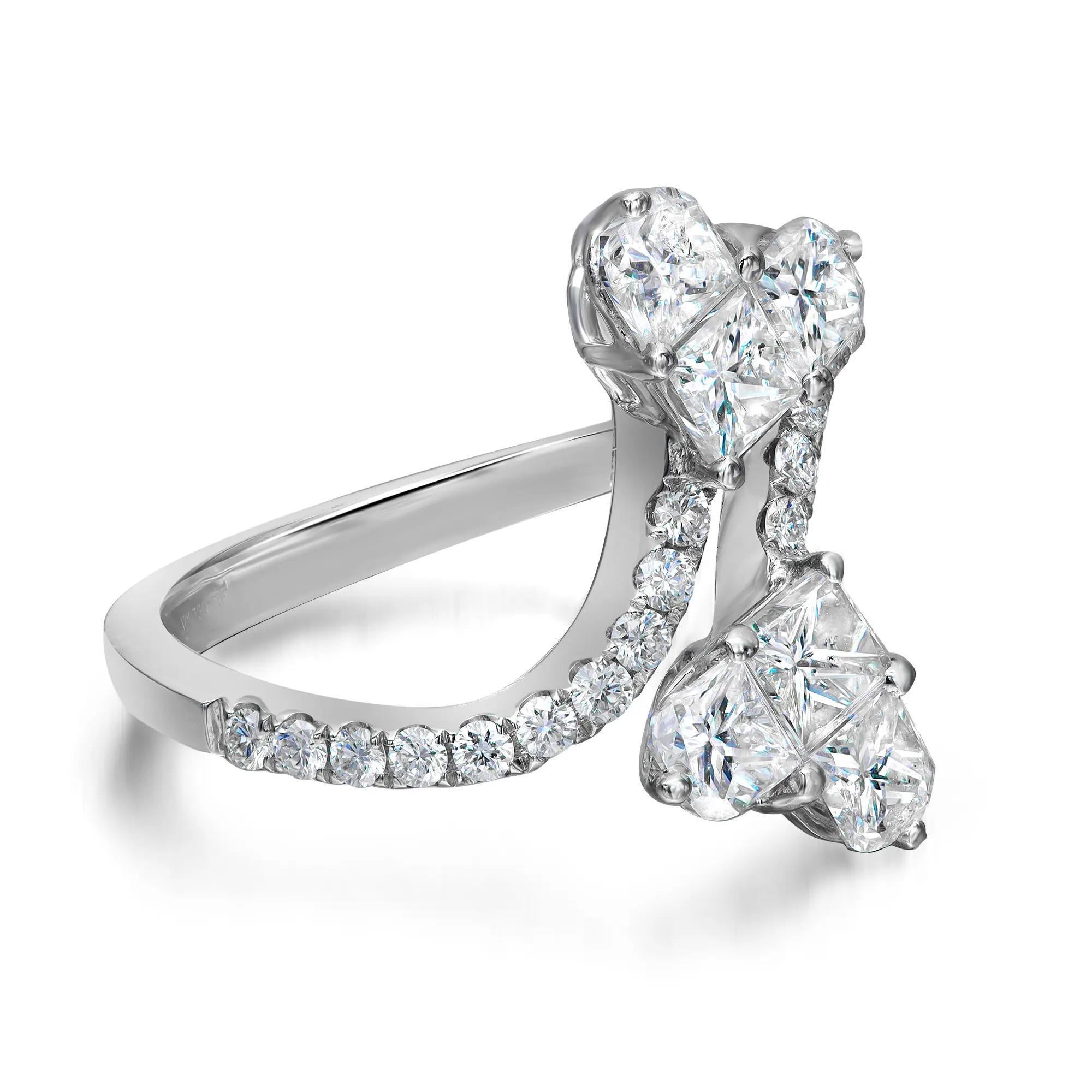 Modern 1.71cttw Princess Cut Round Diamond Hearts Cocktail Ring 18k White Gold For Sale