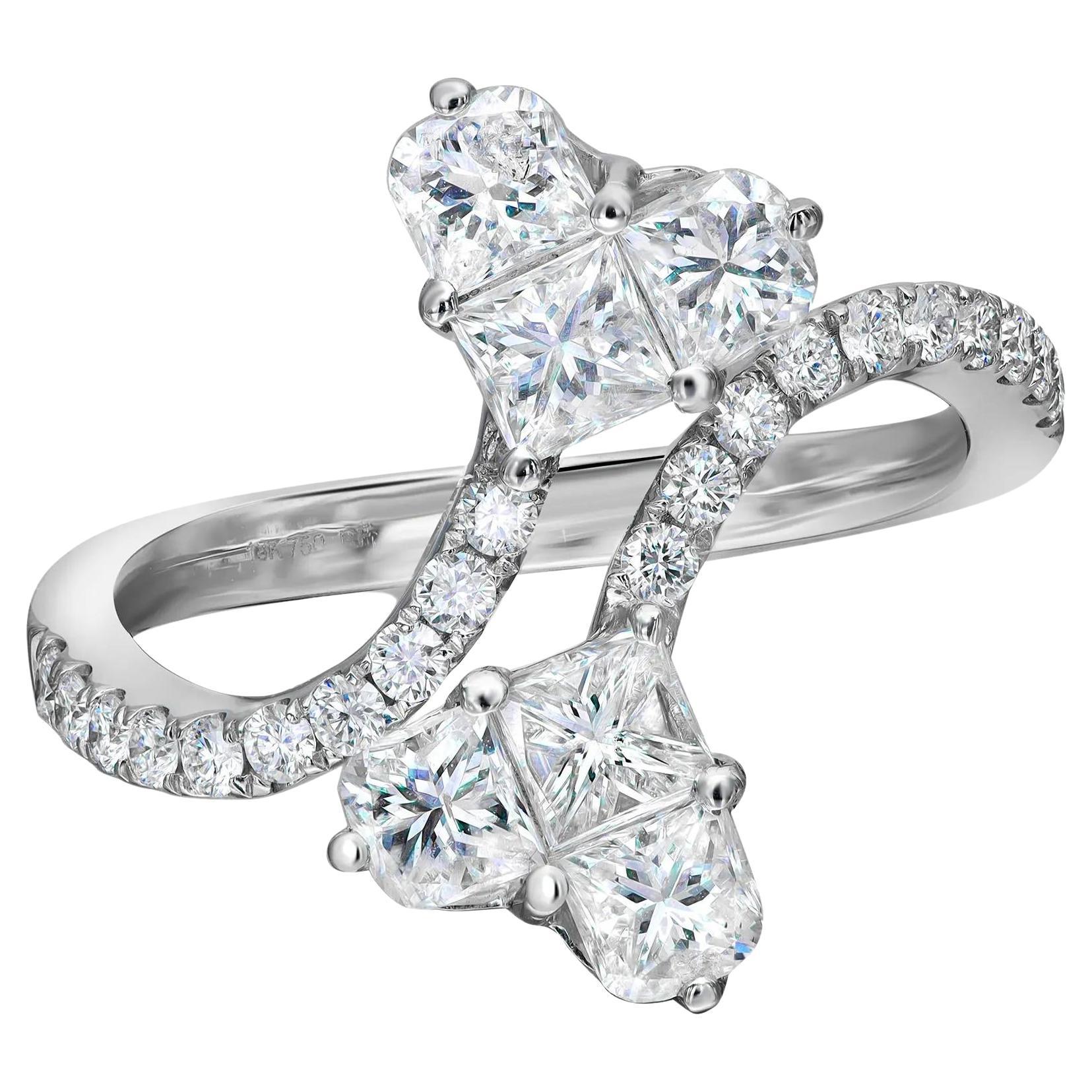 1.71cttw Princess Cut Round Diamond Hearts Cocktail Ring 18k White Gold