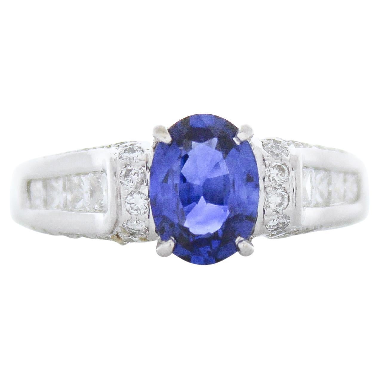 1.71CTW Certified Blue Sapphire Diamond Ring in 18K White Gold For Sale