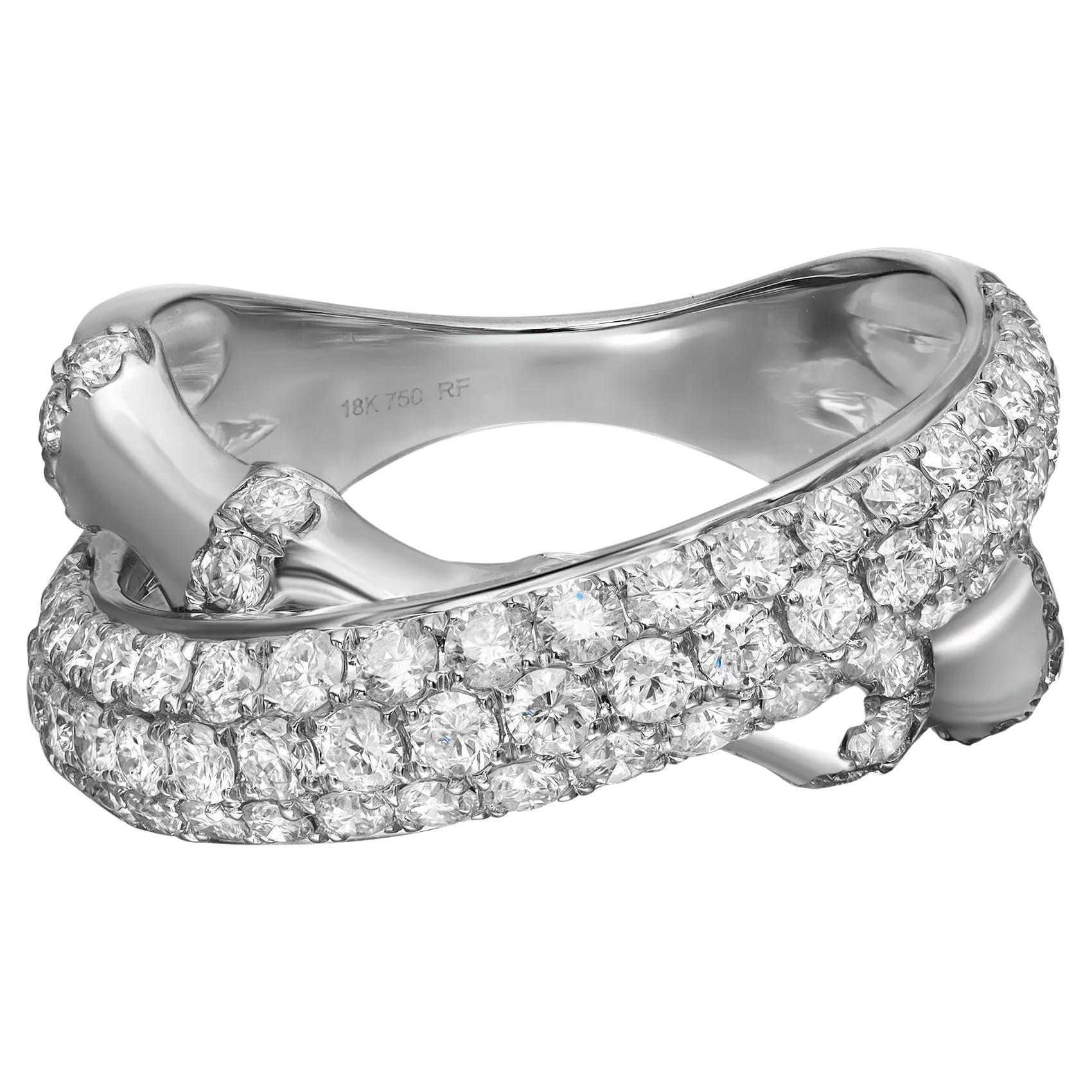 1.71Ctw Pave Set Round Cut Diamond Crossover Band Ring 18K White Gold Size 6.75  For Sale