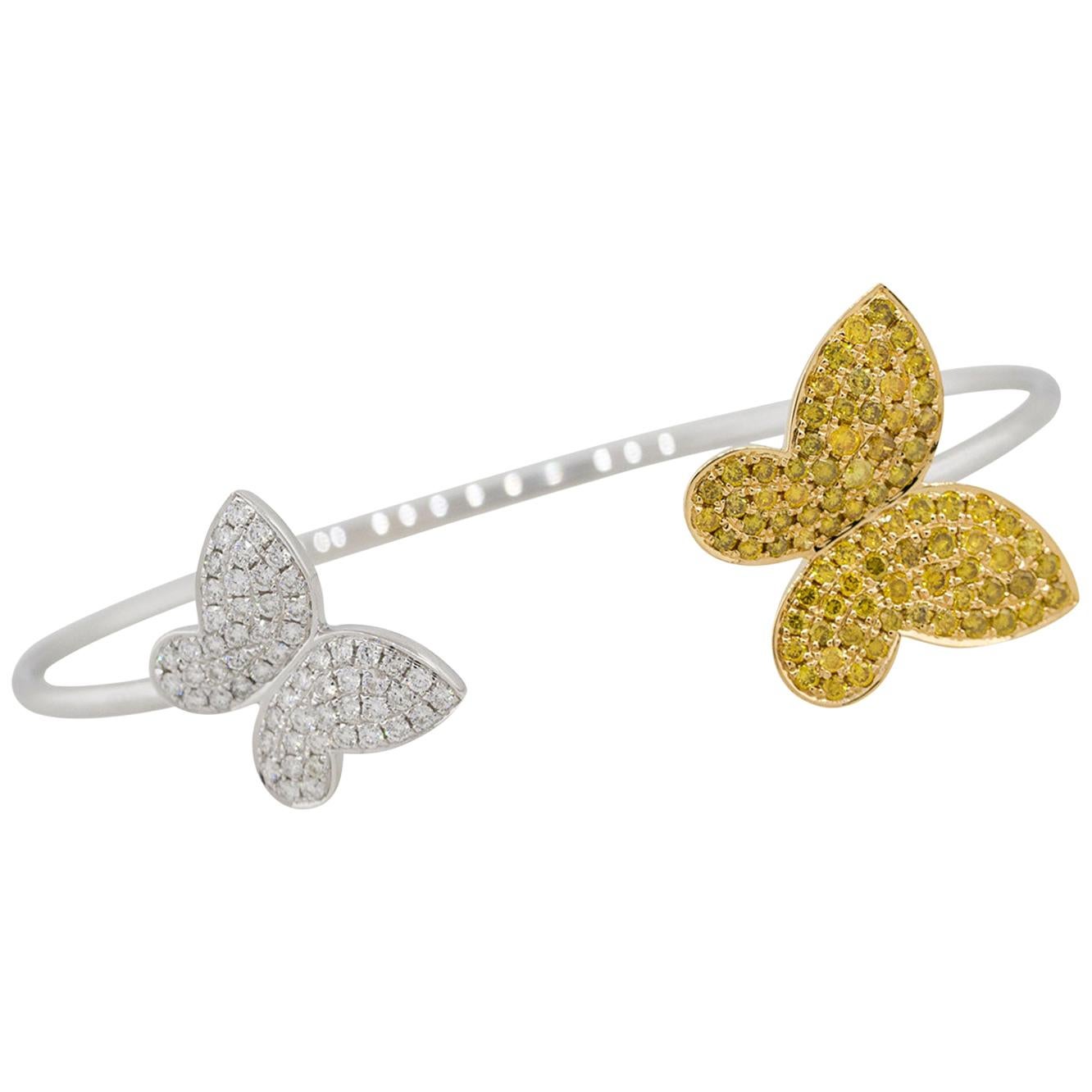 1.72 Carat Diamond Open Cuff Butterfly Bangle Bracelet 18 Karat For Sale