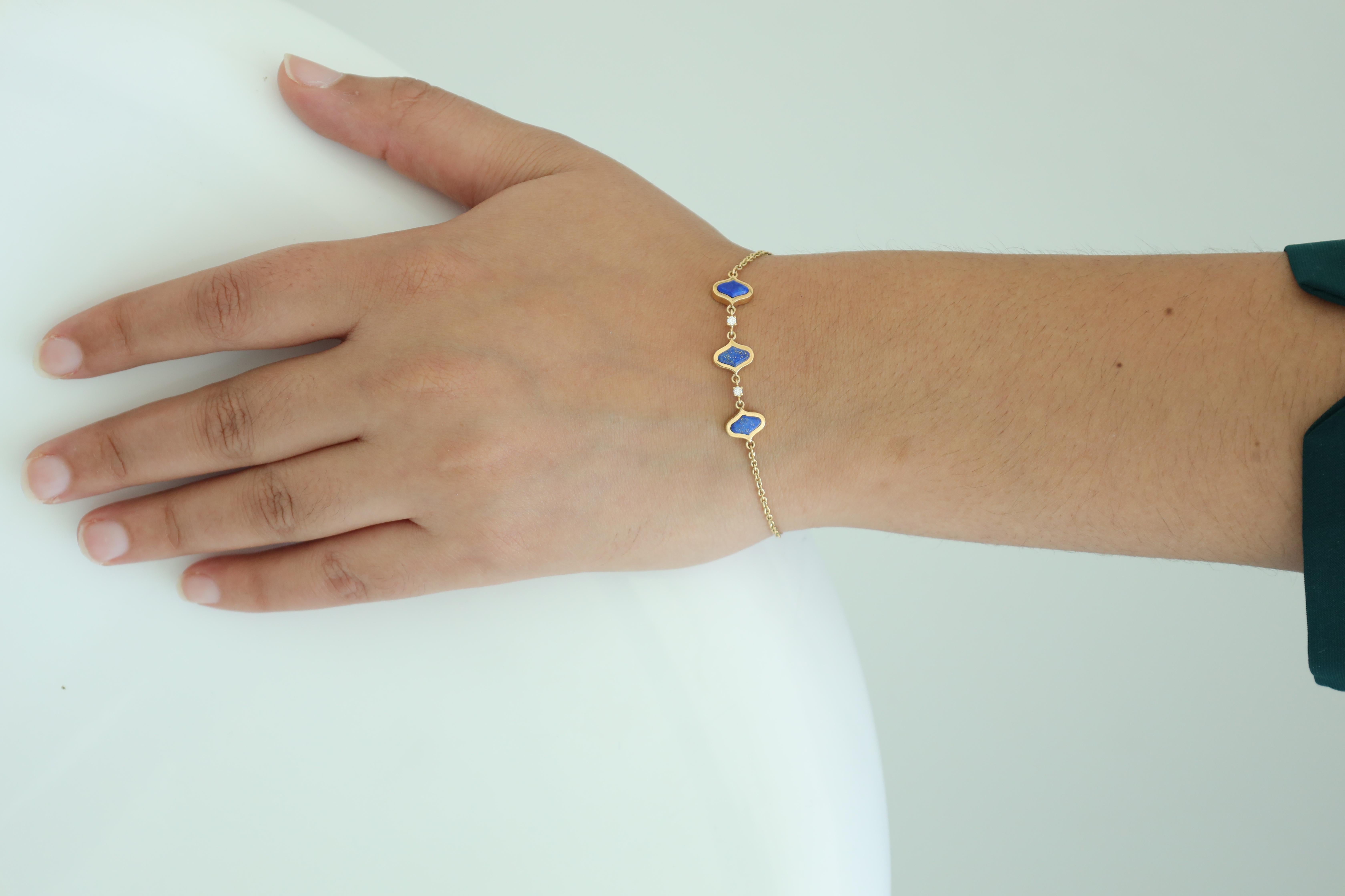 Modernist 1.72 Carat Lapis Lazuli & Diamond Chain Tennis Bracelet in 18k Gold For Sale