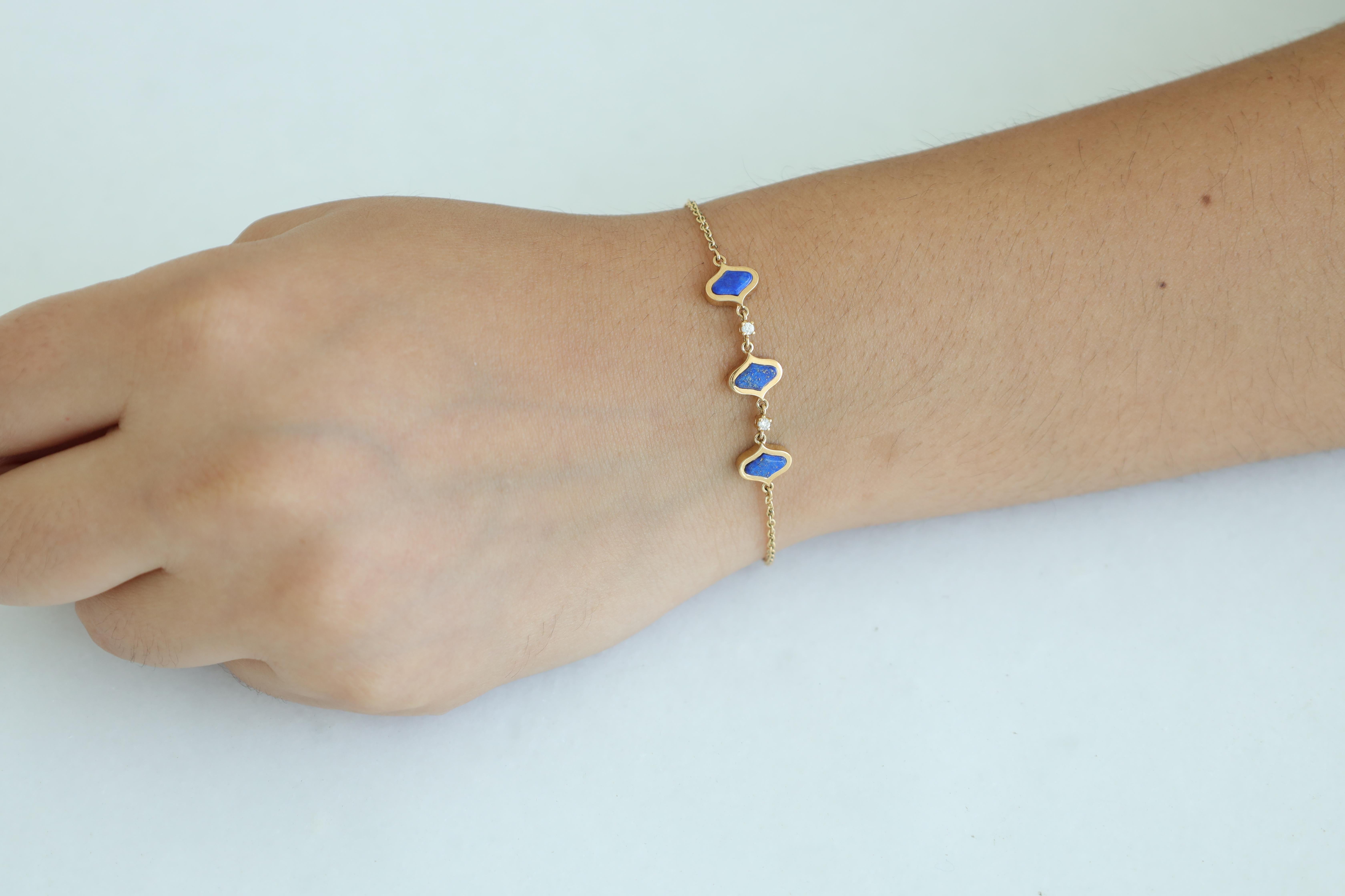 Rose Cut 1.72 Carat Lapis Lazuli & Diamond Chain Tennis Bracelet in 18k Gold For Sale
