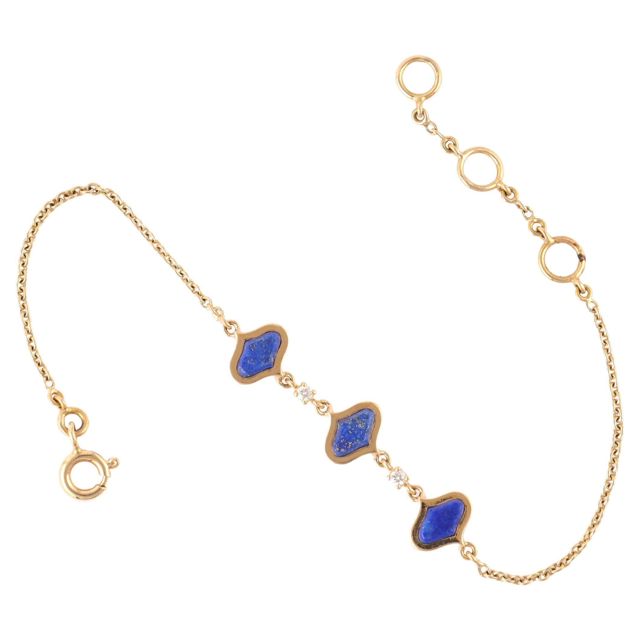 1.72 Carat Lapis Lazuli & Diamond Chain Tennis Bracelet in 18k Gold For Sale