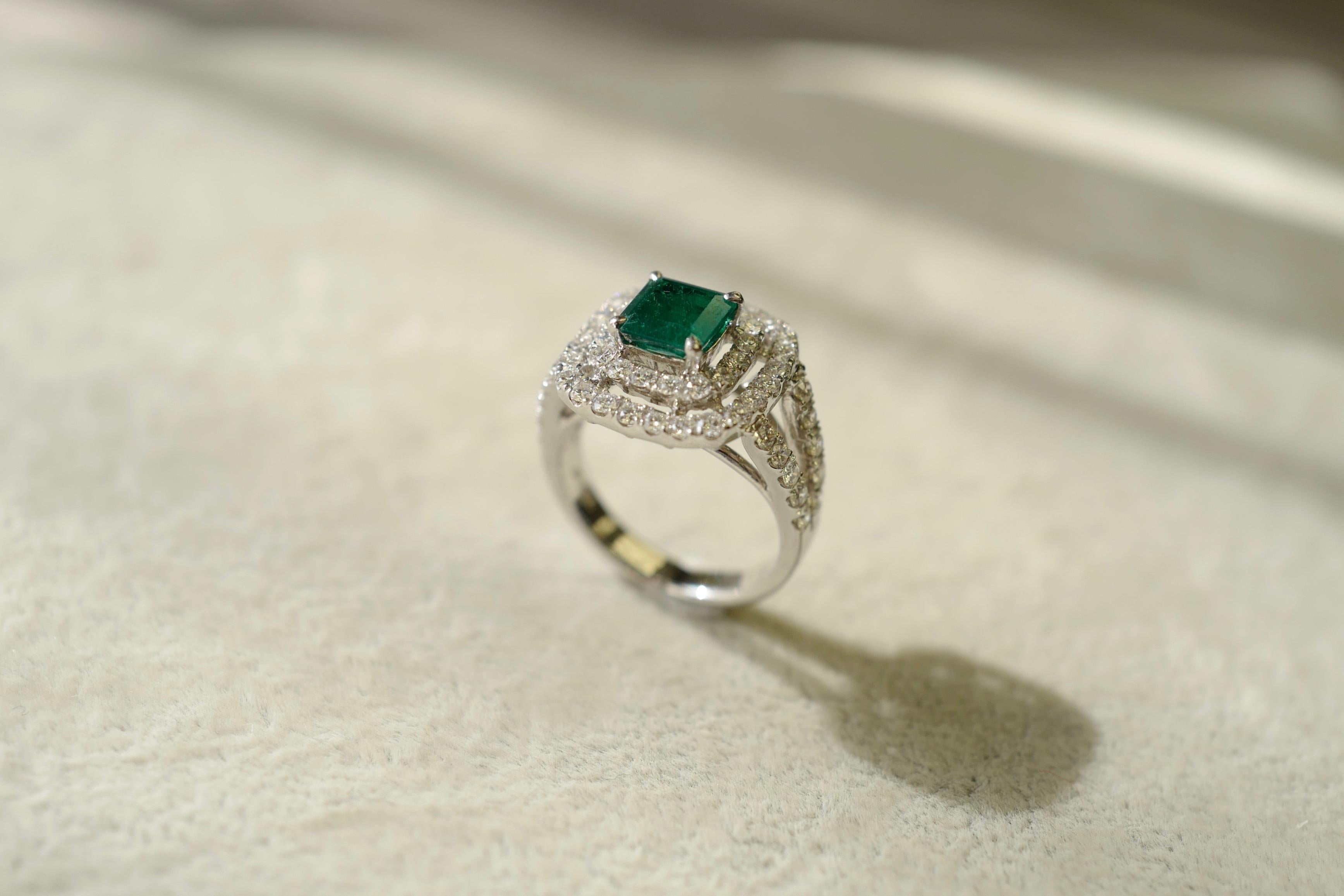 Emerald Cut 1.72 Carat Natural Emerald and Diamond Cocktail Ring in 18k White Gold For Sale
