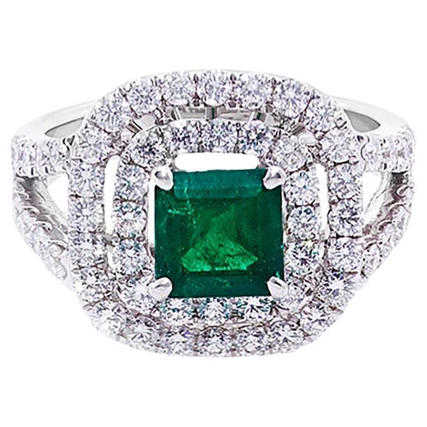 1.72 Carat Natural Emerald and Diamond Cocktail Ring in 18k White Gold For Sale