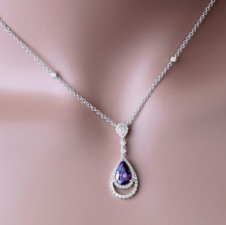 1.72 Carat Pear Shape Rose Sapphire and Diamond Halo Dangle Pendant in 18k White In New Condition For Sale In New York, NY
