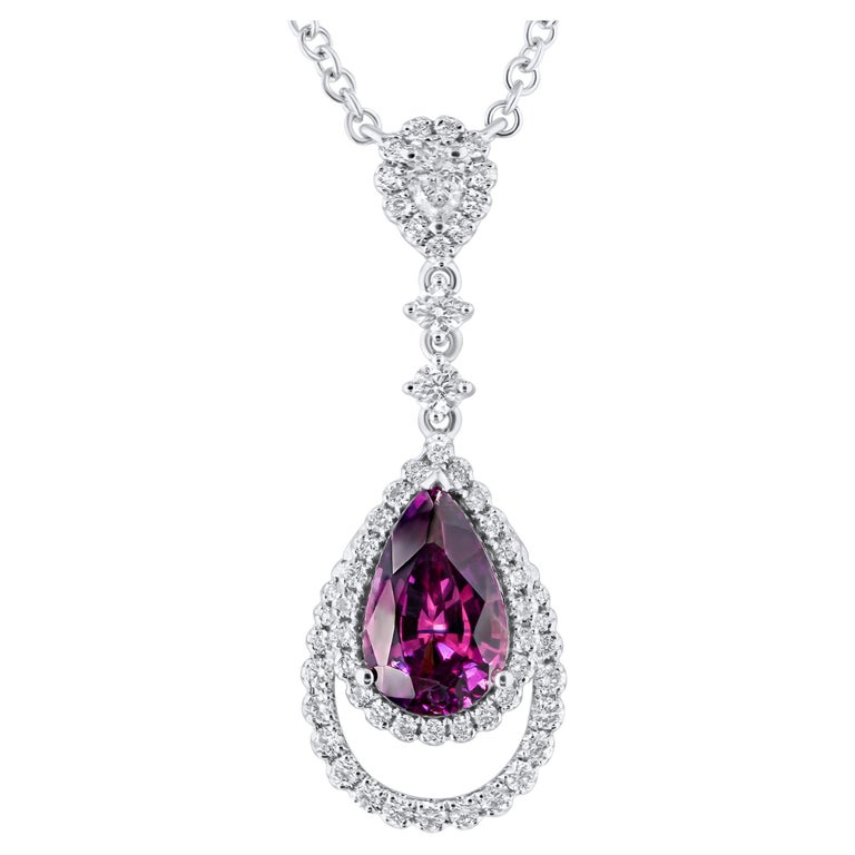 1.72 Carat Pear Shape Rose Sapphire and Diamond Halo Dangle Pendant in 18k White For Sale