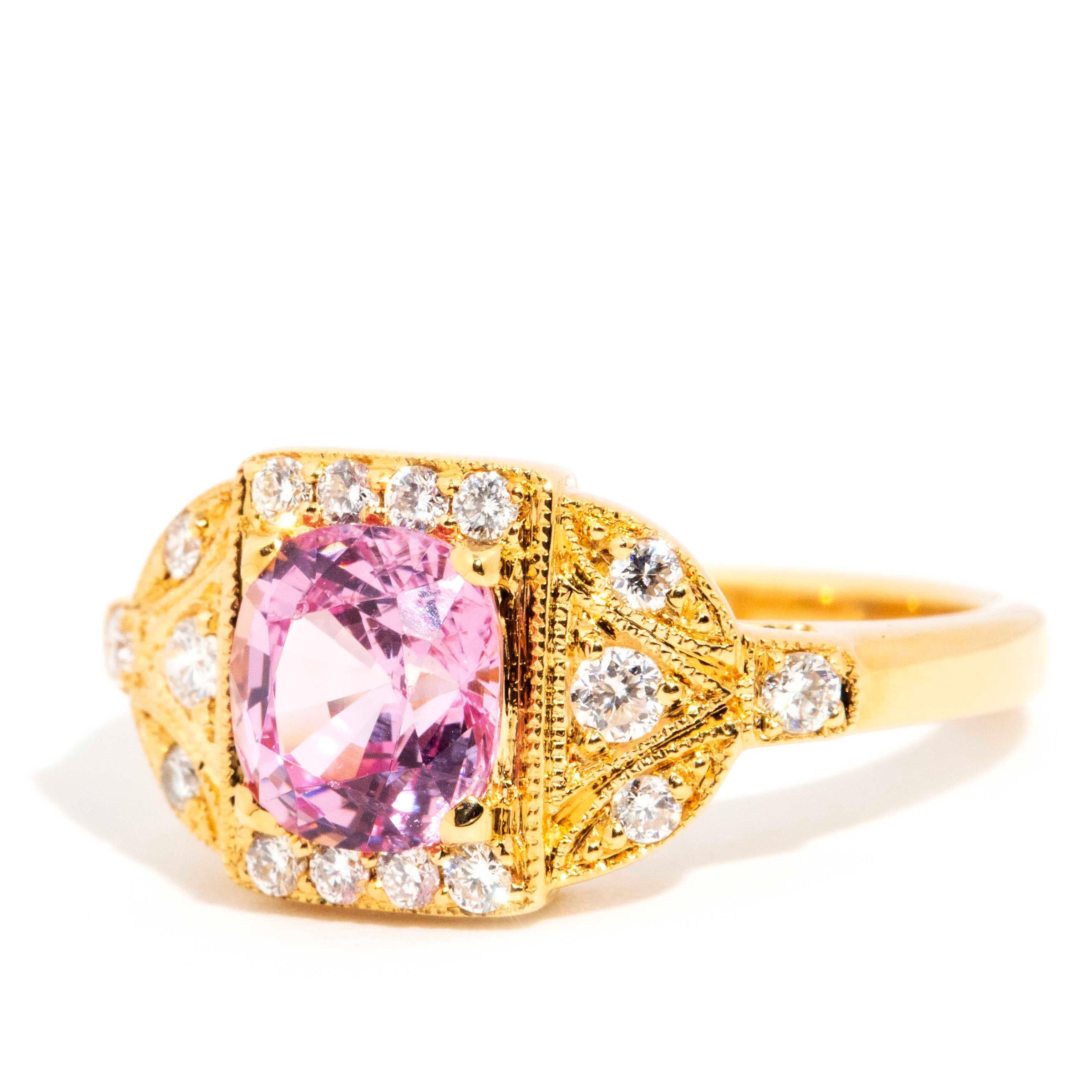 1.72 Carat Pink Spinel and Diamond 18 Carat Gold Milgrain Cluster Ring In New Condition For Sale In Hamilton, AU