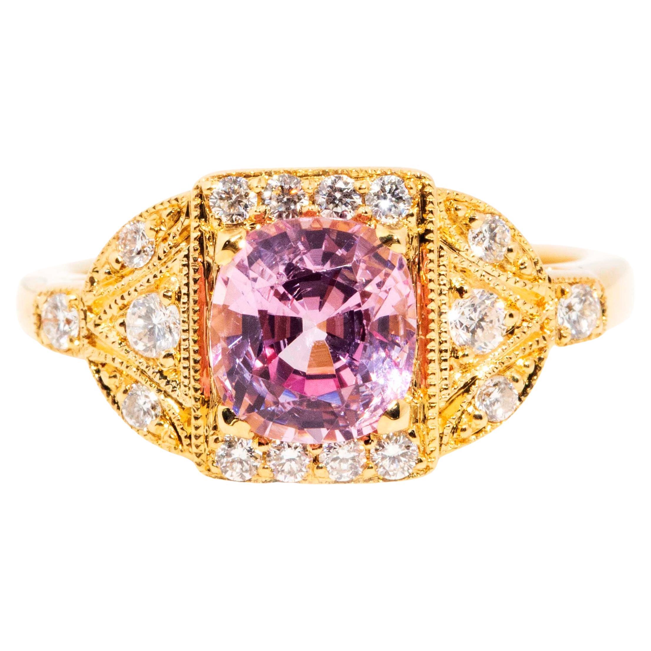 1.72 Carat Pink Spinel and Diamond 18 Carat Gold Milgrain Cluster Ring For Sale