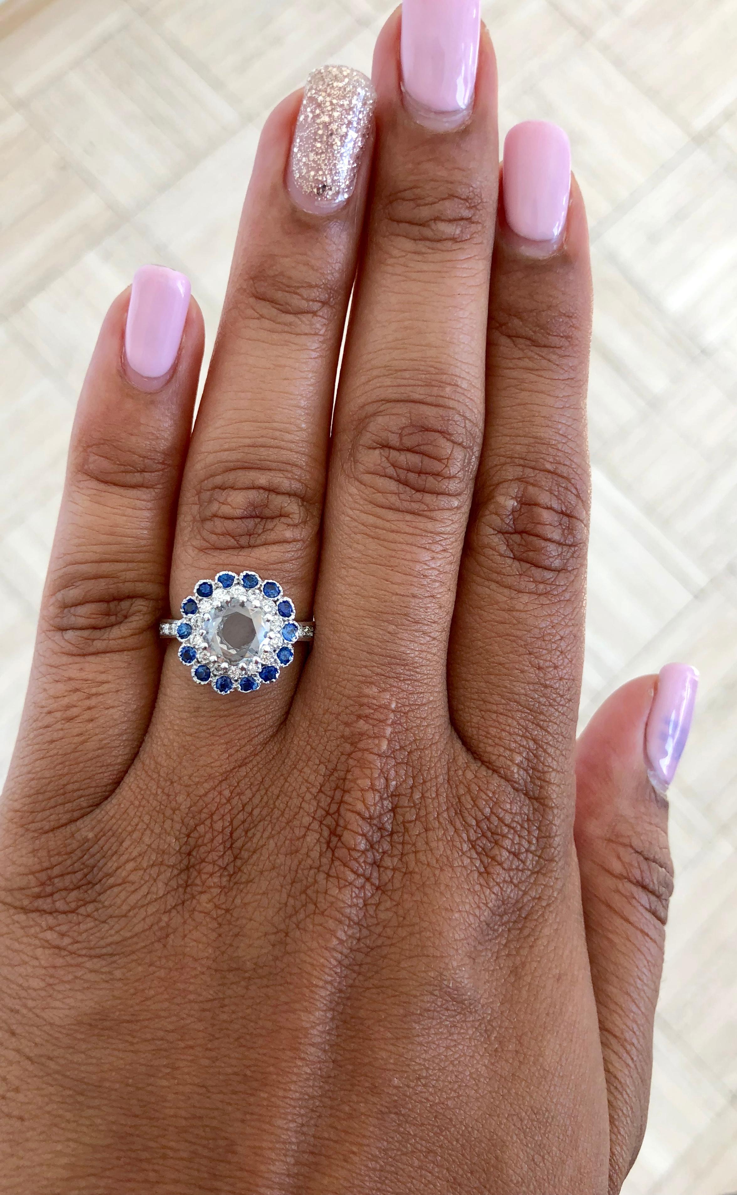 Women's 1.72 Carat Rose Cut Diamond Sapphire 18 Karat White Gold Ring