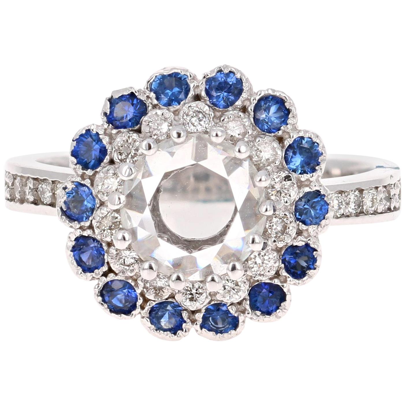 1.72 Carat Rose Cut Diamond Sapphire 18 Karat White Gold Ring