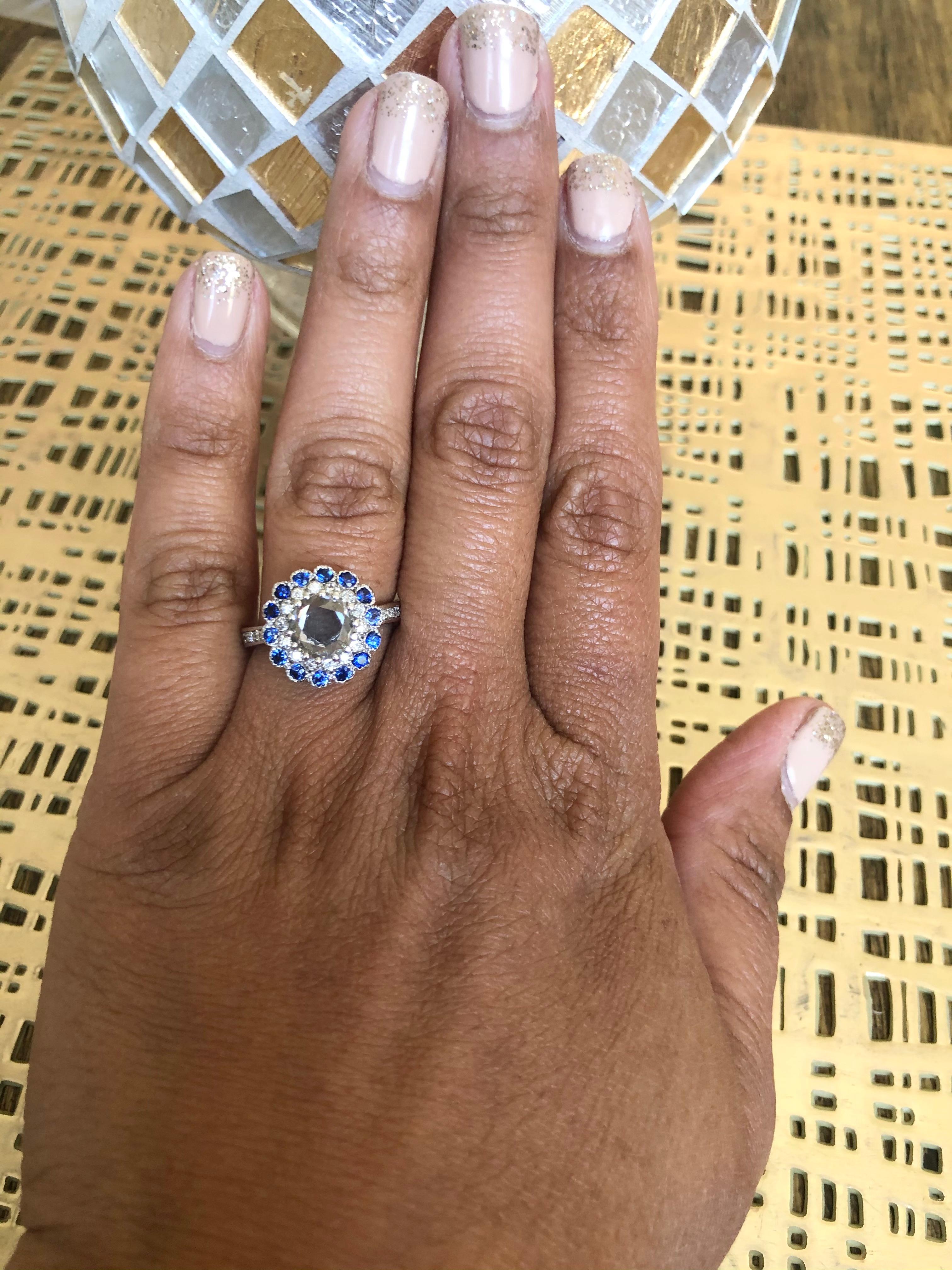 1.72 Carat Rose Cut Diamond Sapphire 18 Karat White Gold Ring 1
