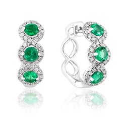 1.72 Carat Round Cut Emerald and Diamond Hoop Earrings in 18K White Gold