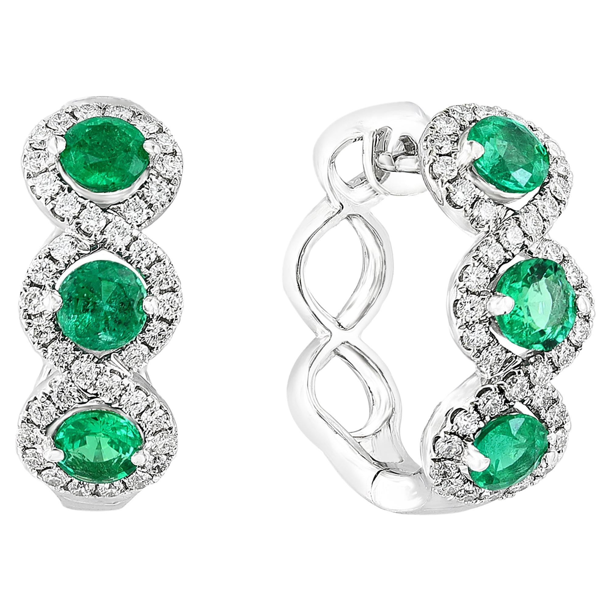 1.72 Carat Round Cut Emerald and Diamond Hoop Earrings in 18K White Gold For Sale