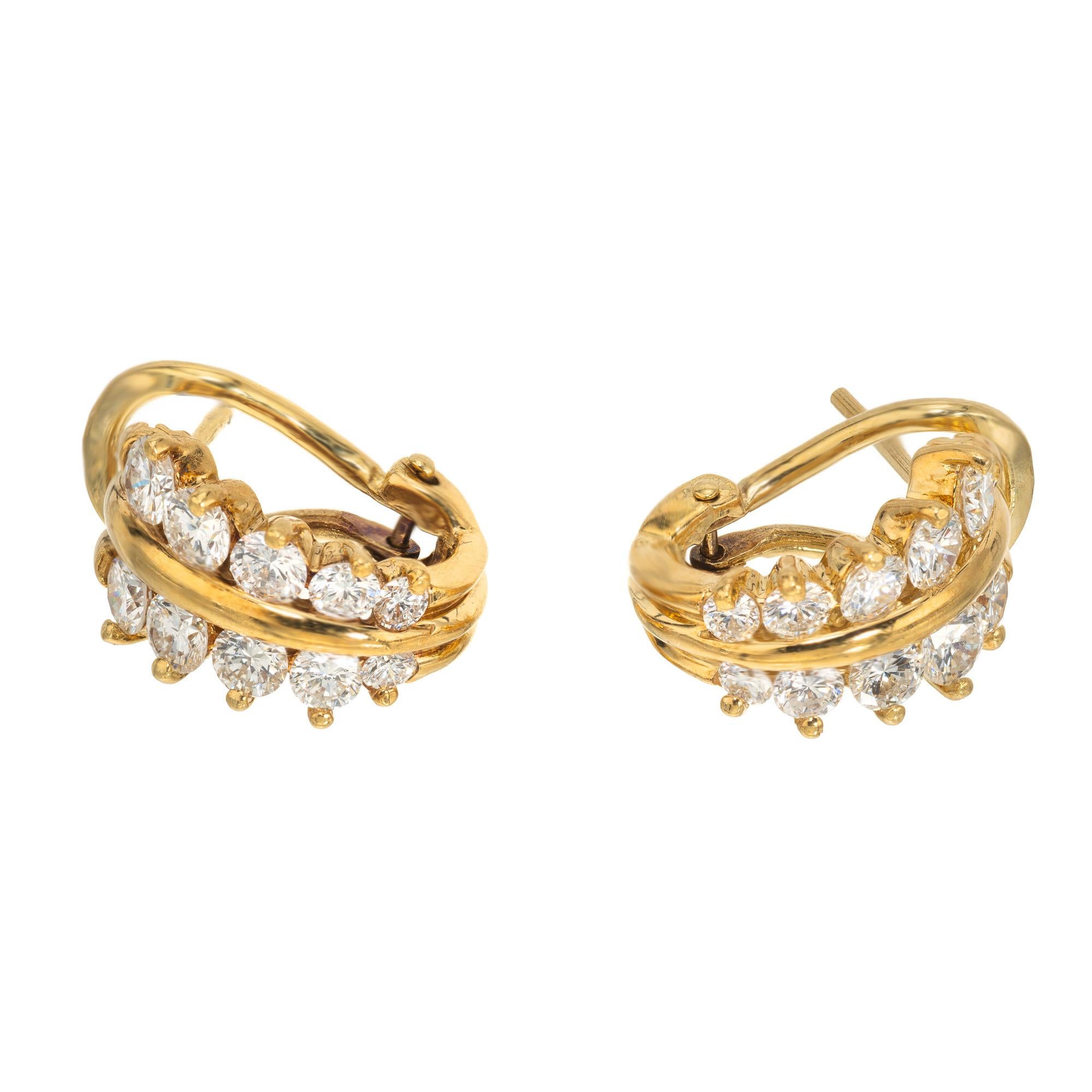 Introducing our double row 1.72ct. Diamond huggie earrings, a true masterpiece that embodies elegance and sophistication. These exquisite earrings shine with 20 round graduated diamonds meticulously set in rich 18k yellow gold with omega clip post