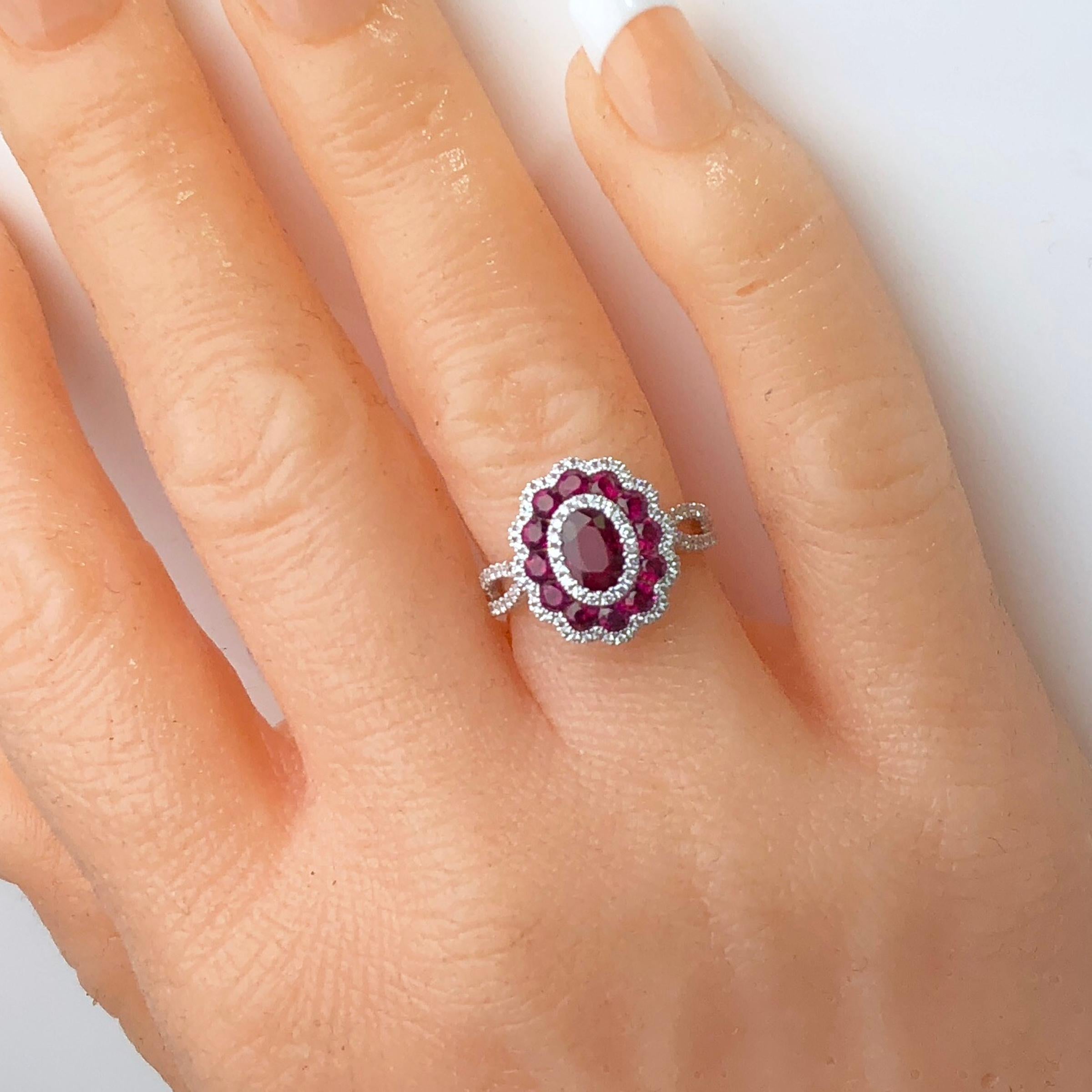 Oval Cut Diamond Town 1.72 Carat Ruby and 0.44 Carat Diamond Cocktail Flower Ring