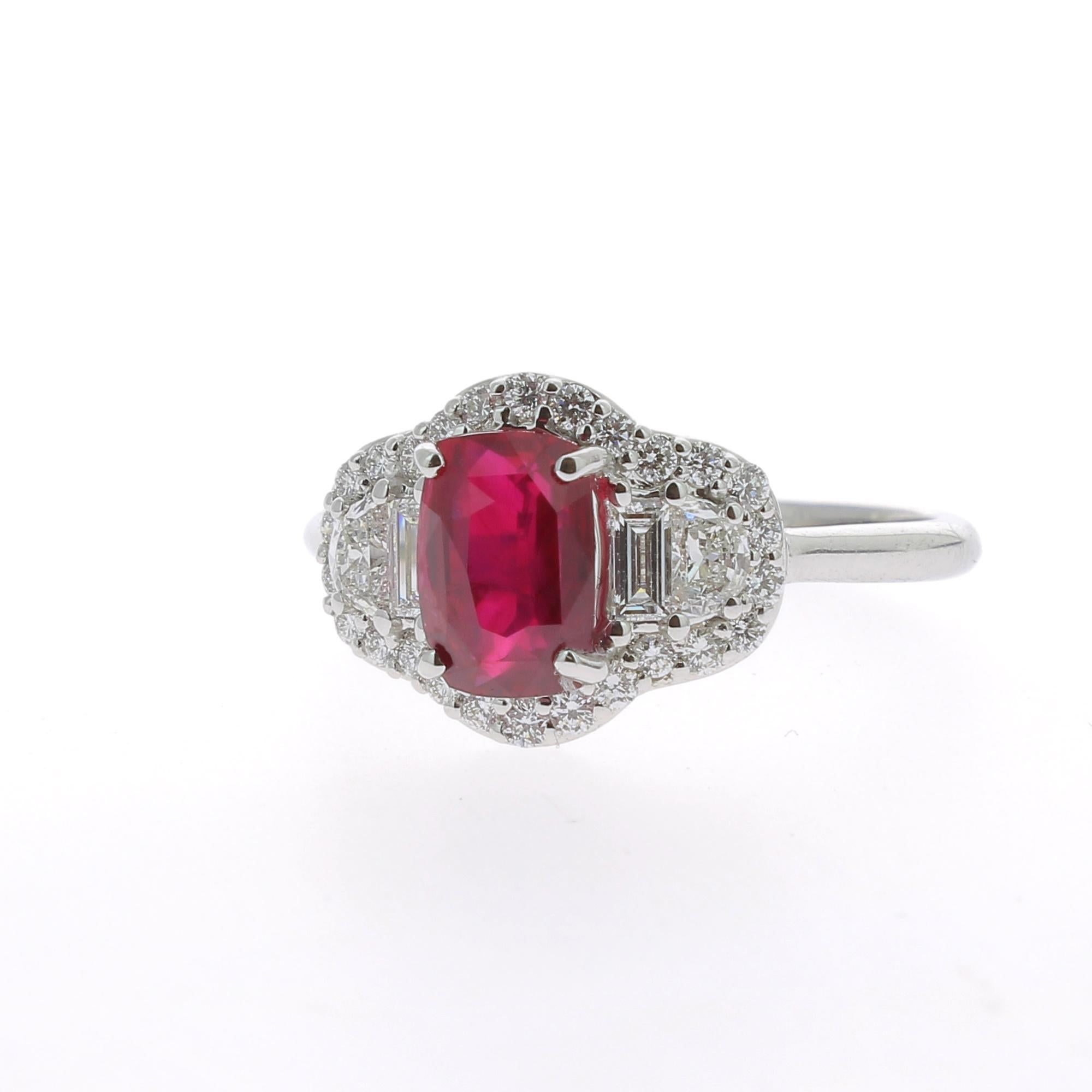Contemporary 1.72 Carat Ruby Cocktail Ring Set with Baguette/Halfmoon/Round Diamond No Heated For Sale