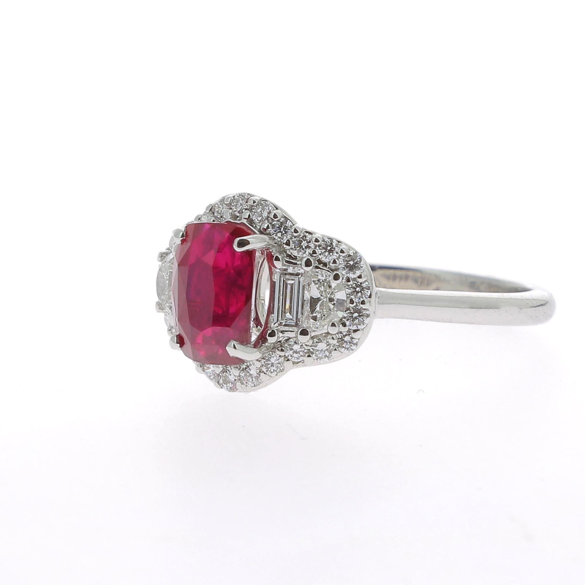 Cushion Cut 1.72 Carat Ruby Cocktail Ring Set with Baguette/Halfmoon/Round Diamond No Heated For Sale
