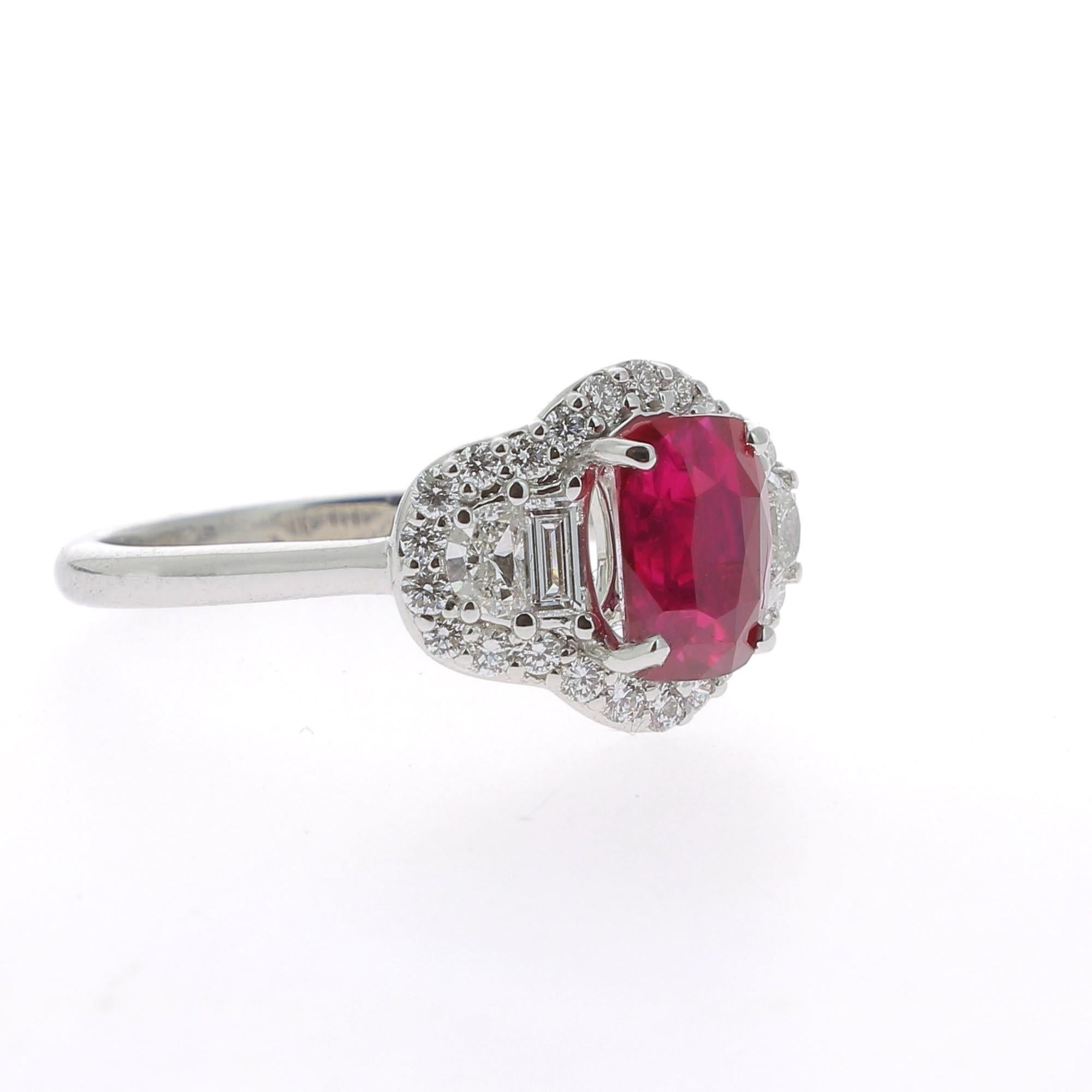 1.72 Carat Ruby Cocktail Ring Set with Baguette/Halfmoon/Round Diamond No Heated In New Condition For Sale In Istanbul, TR