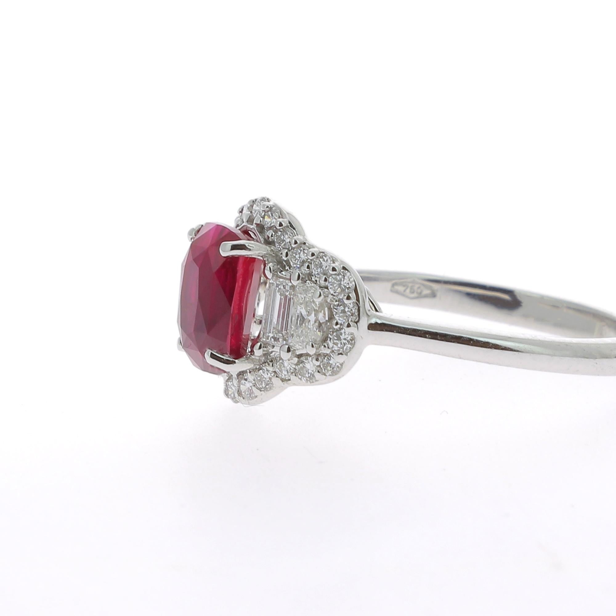 Women's or Men's 1.72 Carat Ruby Cocktail Ring Set with Baguette/Halfmoon/Round Diamond No Heated For Sale