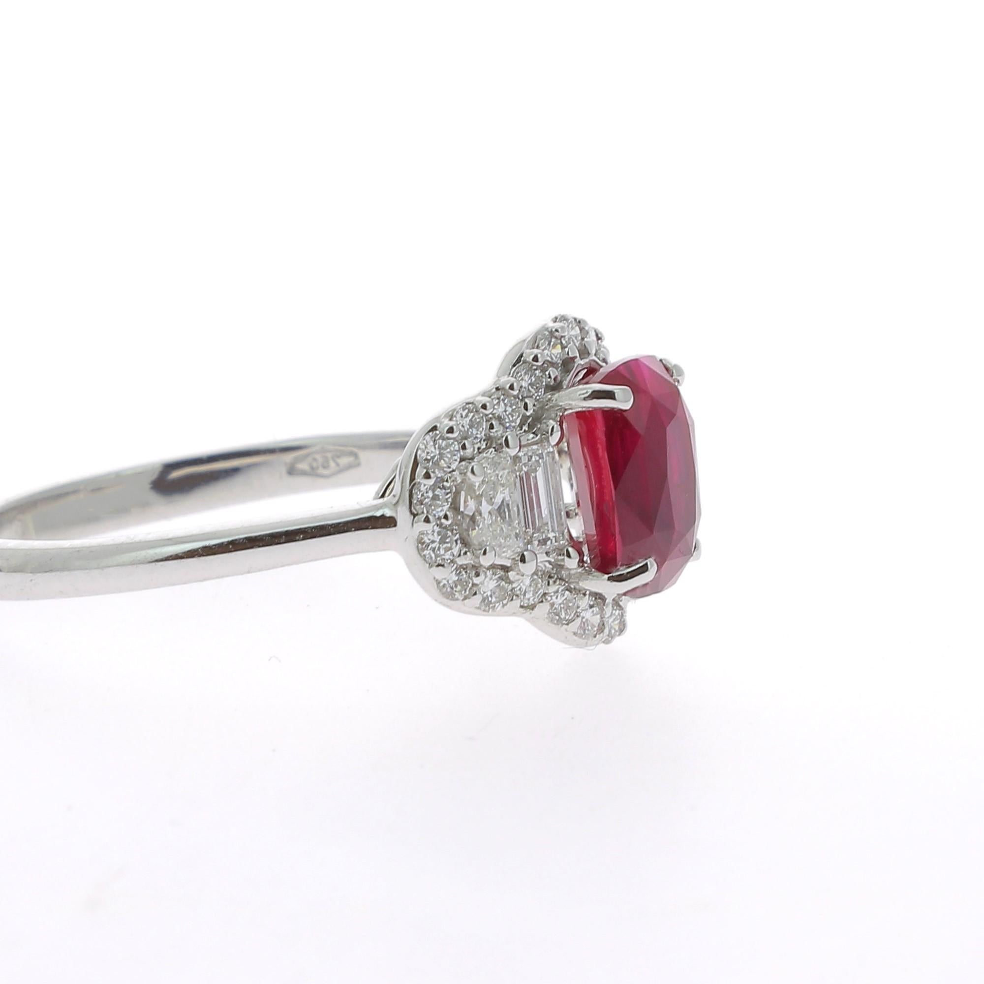 1.72 Carat Ruby Cocktail Ring Set with Baguette/Halfmoon/Round Diamond No Heated For Sale 1