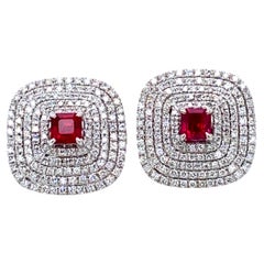 1.72 Carat Vivid Red Ruby and White Diamond Gold Earrings