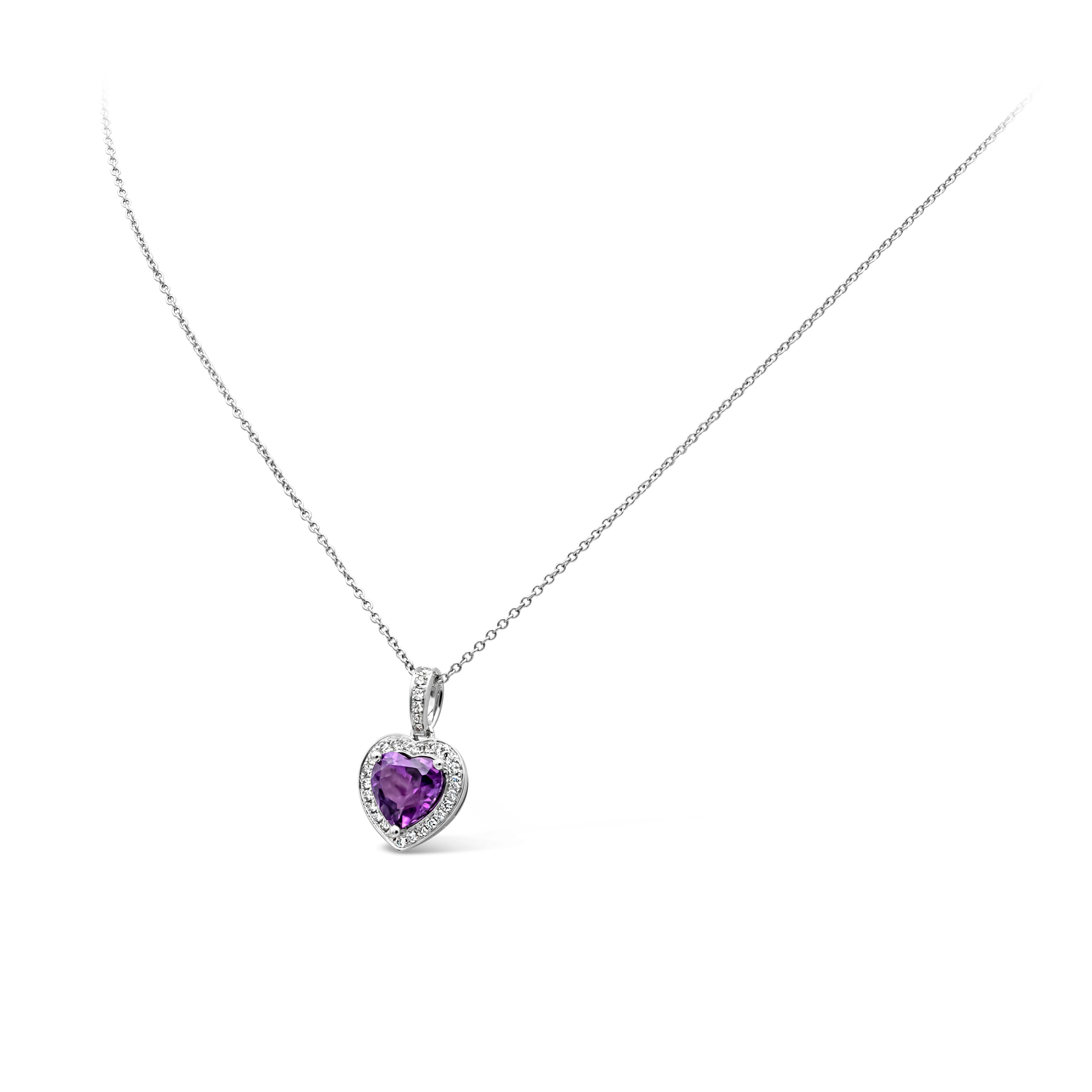 Contemporary Roman Malakov 1.72 Carats Heart Shape Amethyst & Diamond Halo Pendant Necklace For Sale