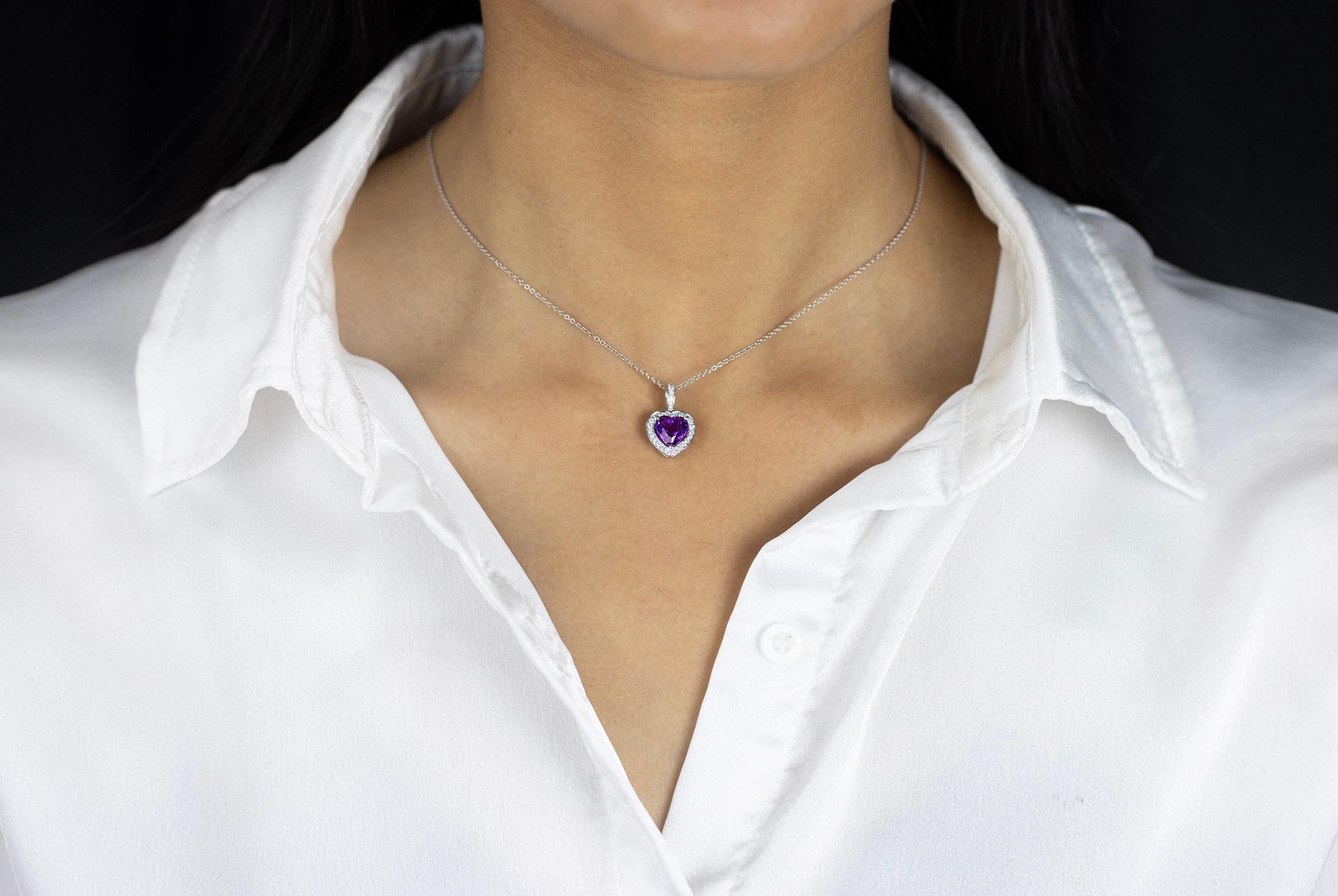 Heart Cut 1.72 Carats Heart Shape Purple Amethyst & Diamond Halo Heart Pendant Necklace For Sale
