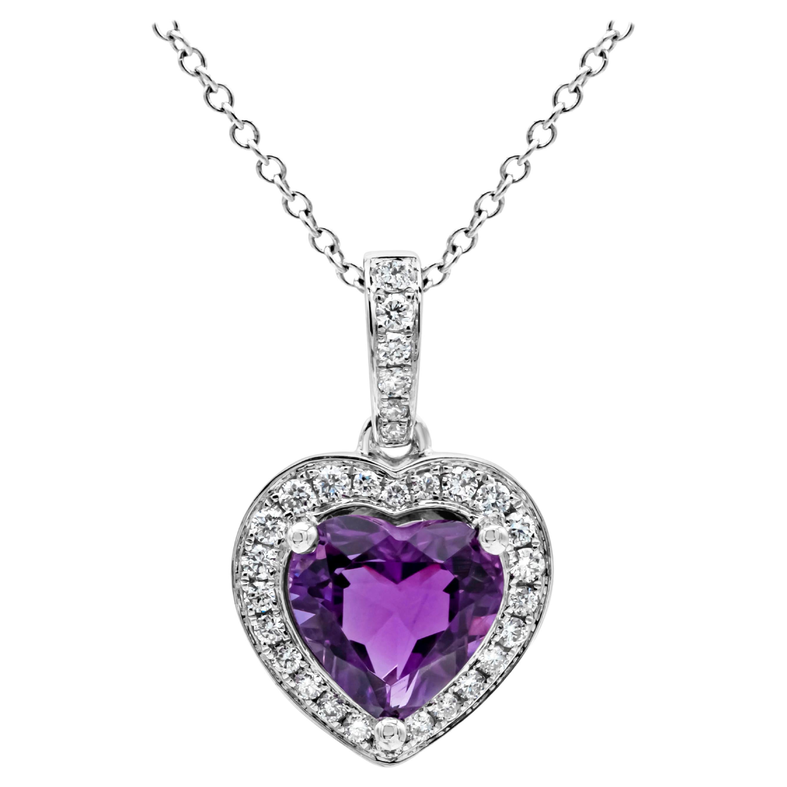 1.72 Carats Heart Shape Purple Amethyst & Diamond Halo Heart Pendant Necklace For Sale